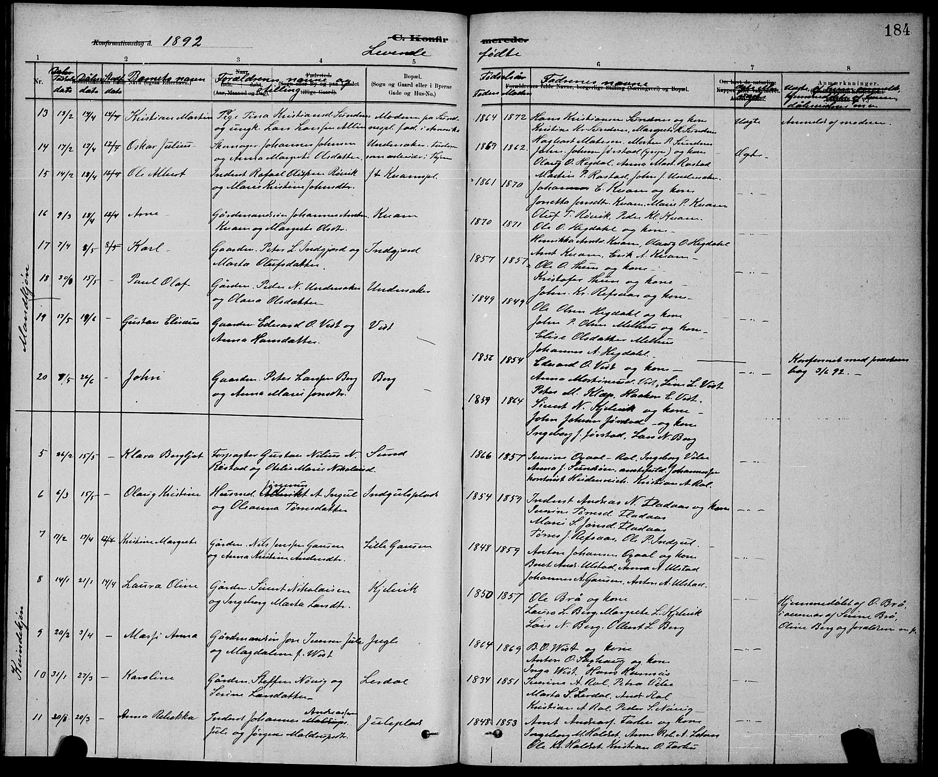 Ministerialprotokoller, klokkerbøker og fødselsregistre - Nord-Trøndelag, SAT/A-1458/730/L0301: Parish register (copy) no. 730C04, 1880-1897, p. 184
