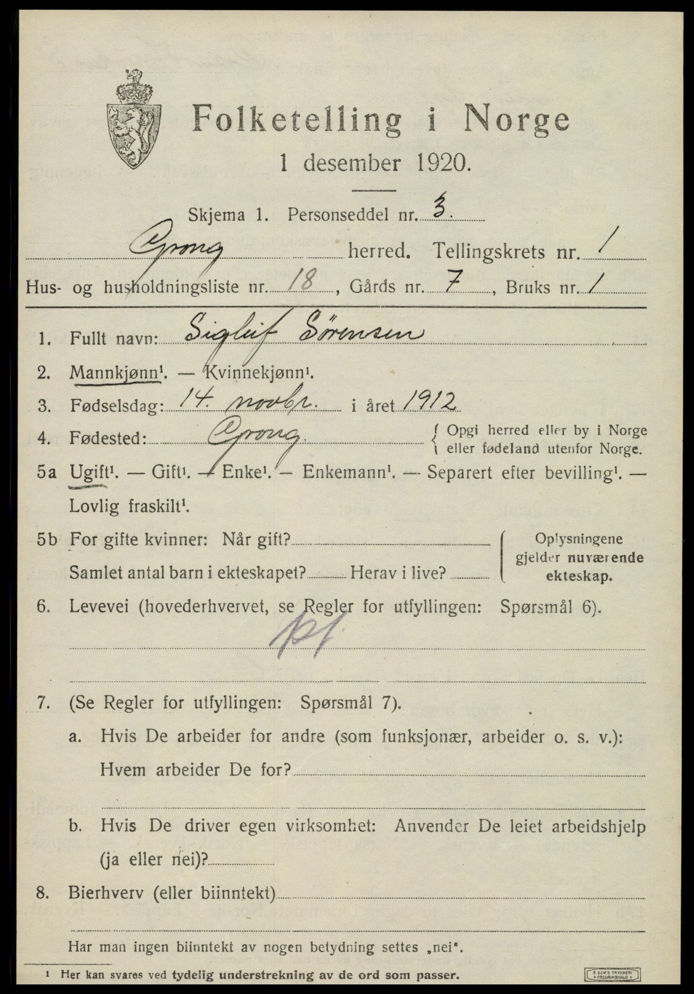 SAT, 1920 census for Grong, 1920, p. 1251