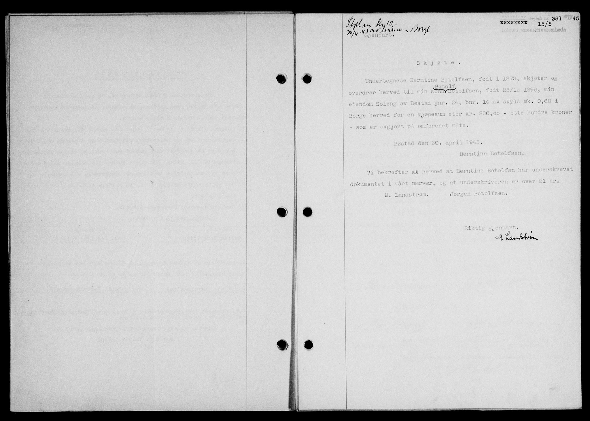 Lofoten sorenskriveri, SAT/A-0017/1/2/2C/L0013a: Mortgage book no. 13a, 1944-1946, Diary no: : 381/1945