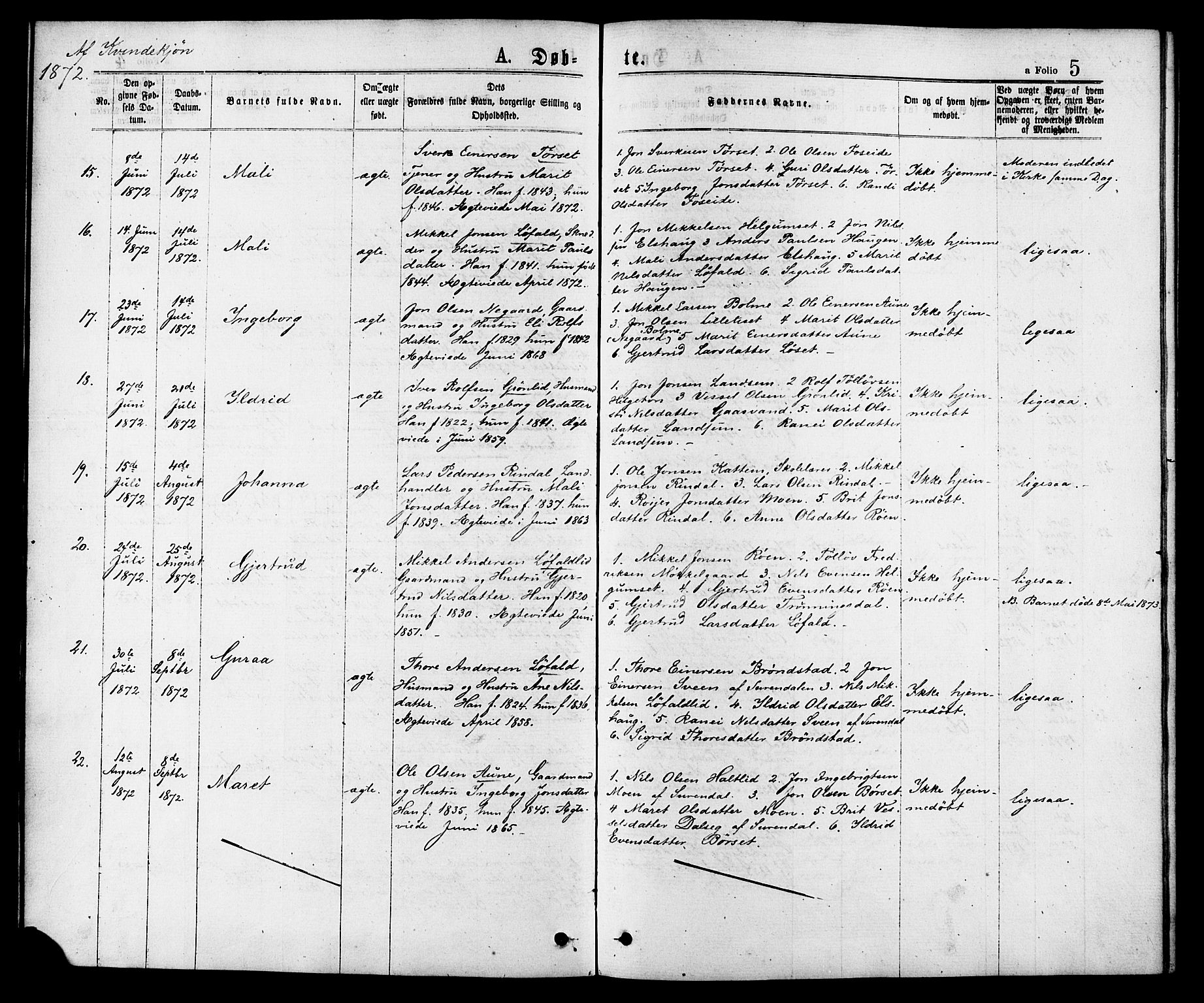 Ministerialprotokoller, klokkerbøker og fødselsregistre - Møre og Romsdal, AV/SAT-A-1454/598/L1068: Parish register (official) no. 598A02, 1872-1881, p. 5