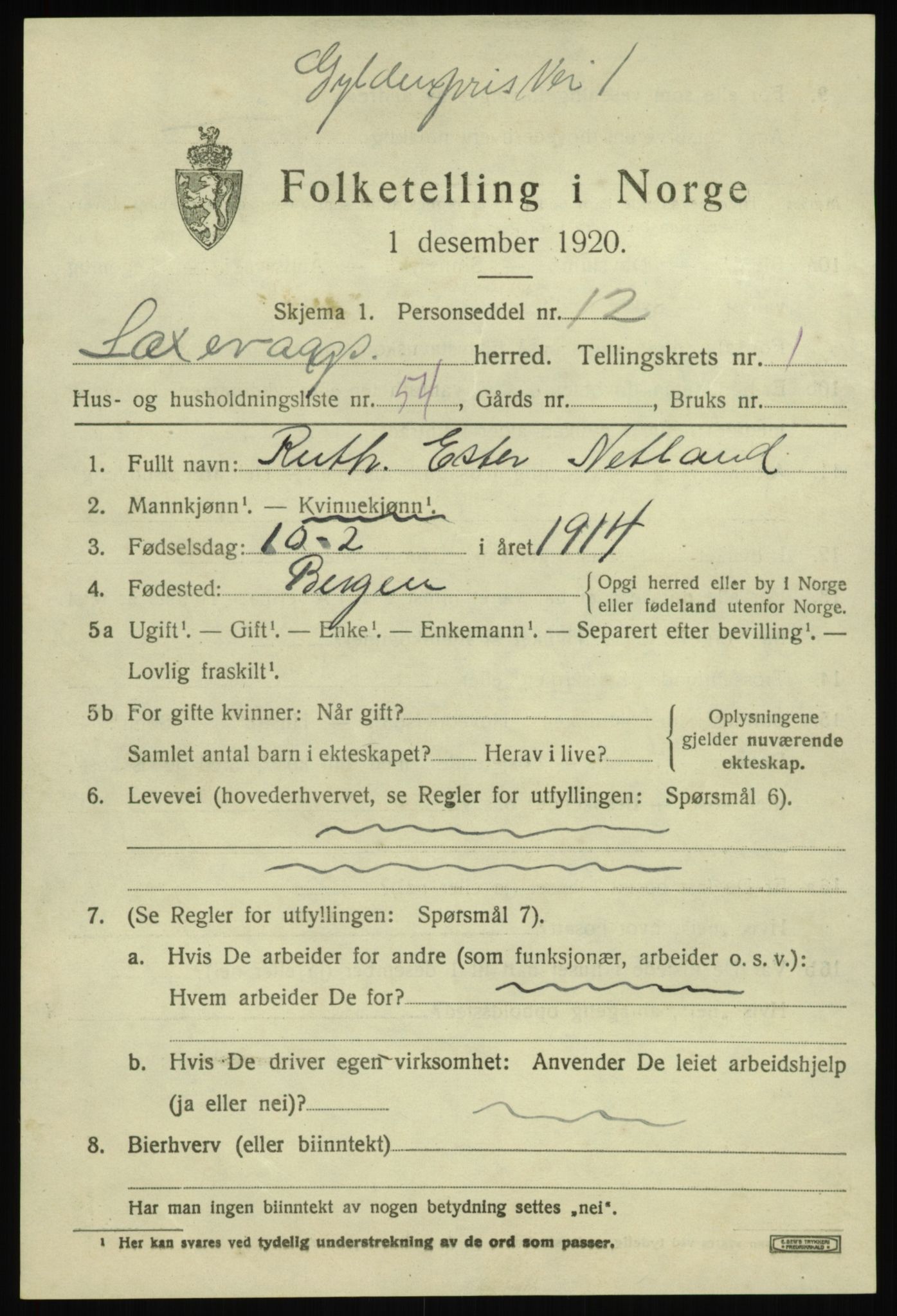 SAB, 1920 census for Laksevåg, 1920, p. 3790