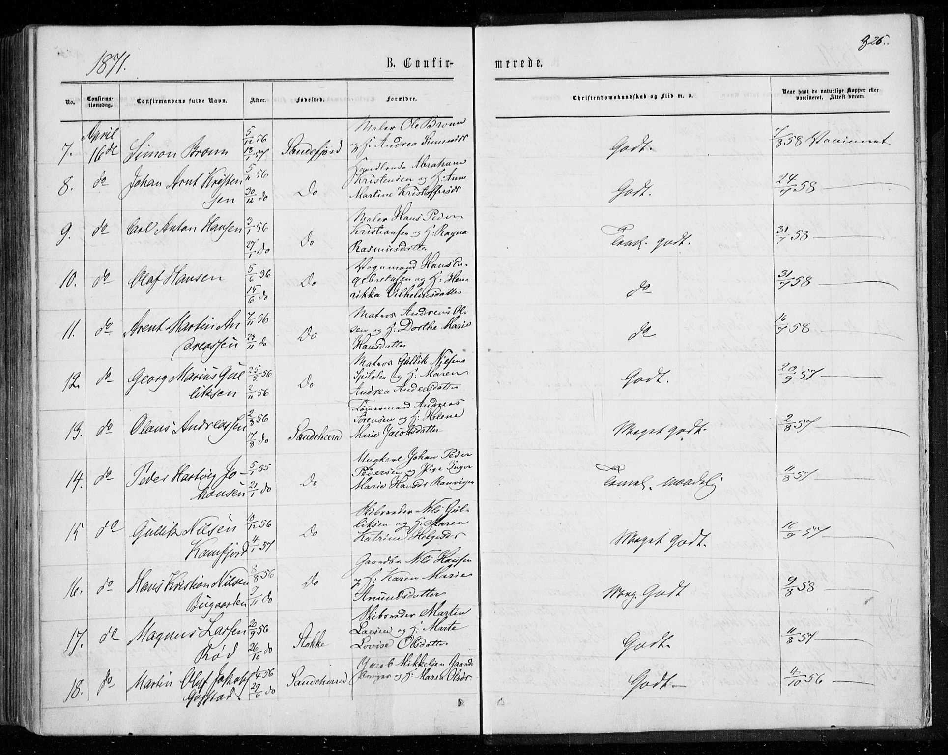 Sandar kirkebøker, AV/SAKO-A-243/F/Fa/L0008: Parish register (official) no. 8, 1862-1871, p. 326