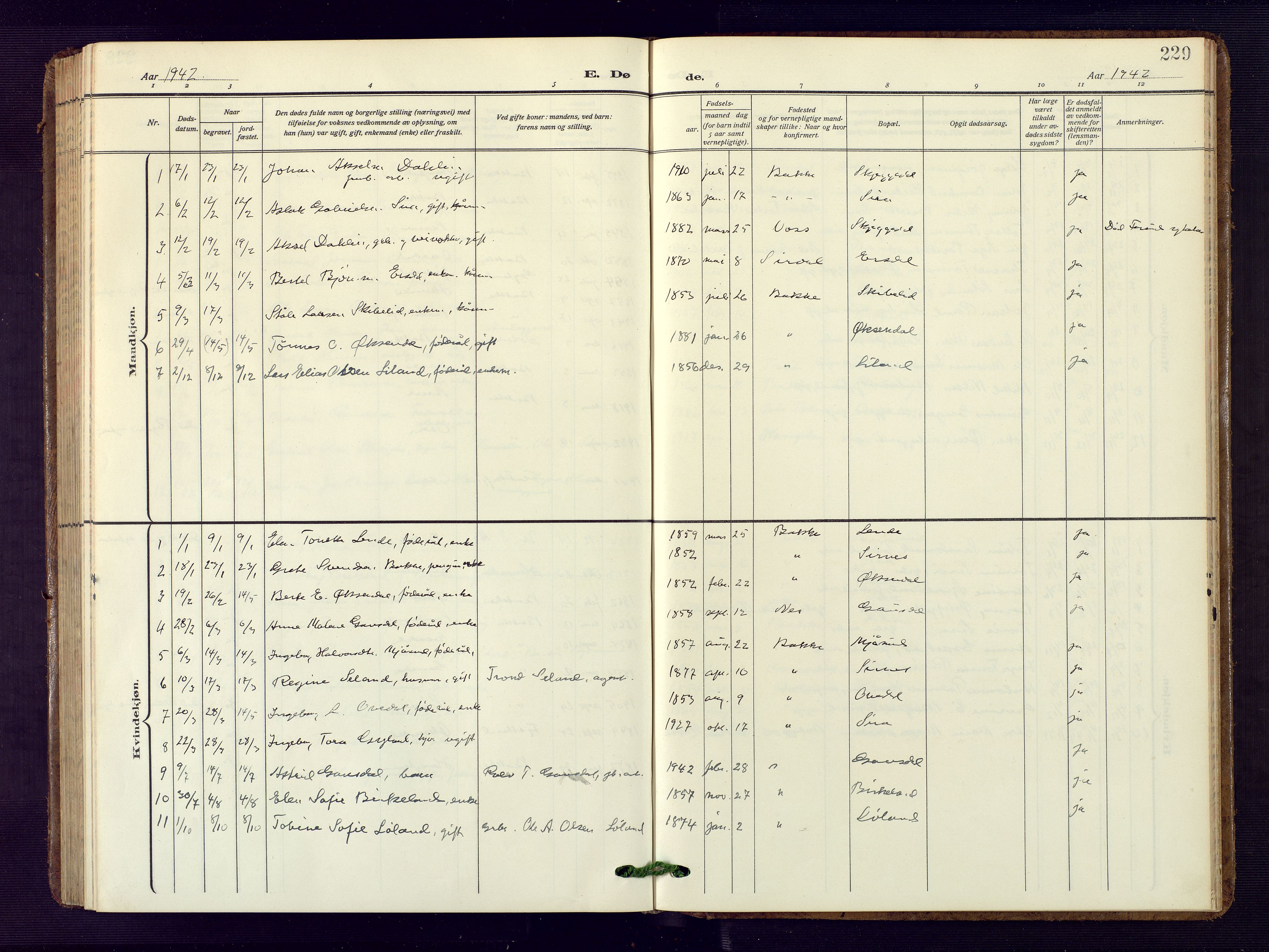Bakke sokneprestkontor, SAK/1111-0002/F/Fb/Fba/L0004: Parish register (copy) no. B 4, 1911-1946, p. 229