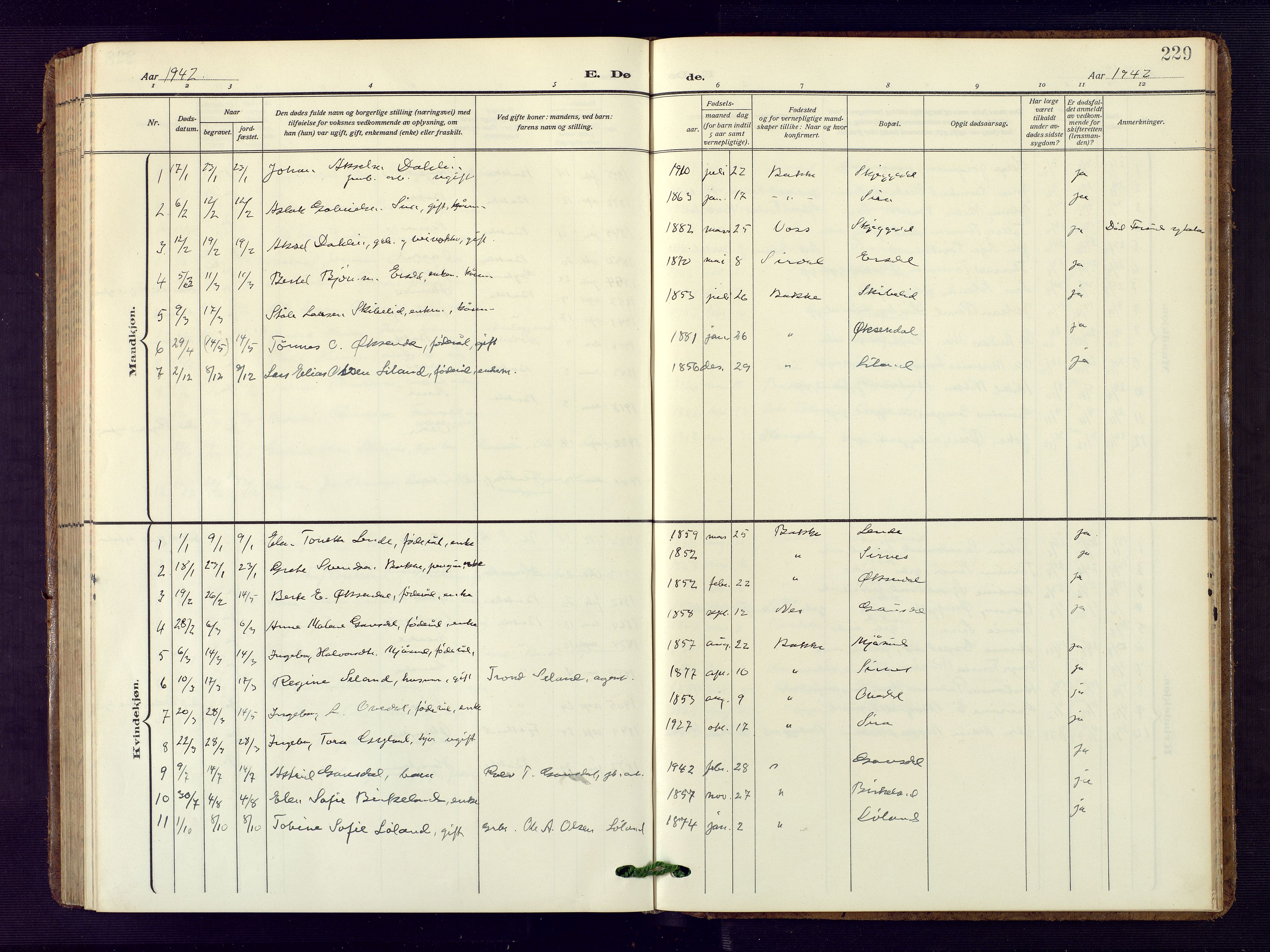 Bakke sokneprestkontor, AV/SAK-1111-0002/F/Fb/Fba/L0004: Parish register (copy) no. B 4, 1911-1946, p. 229