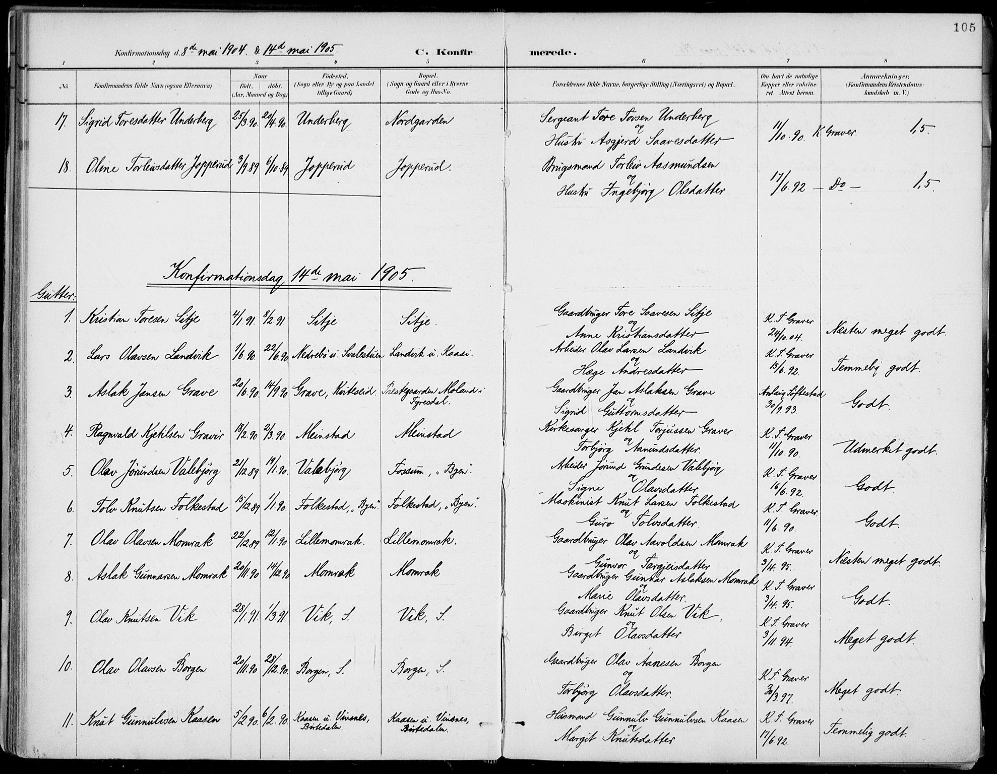 Fyresdal kirkebøker, SAKO/A-263/F/Fa/L0007: Parish register (official) no. I 7, 1887-1914, p. 105