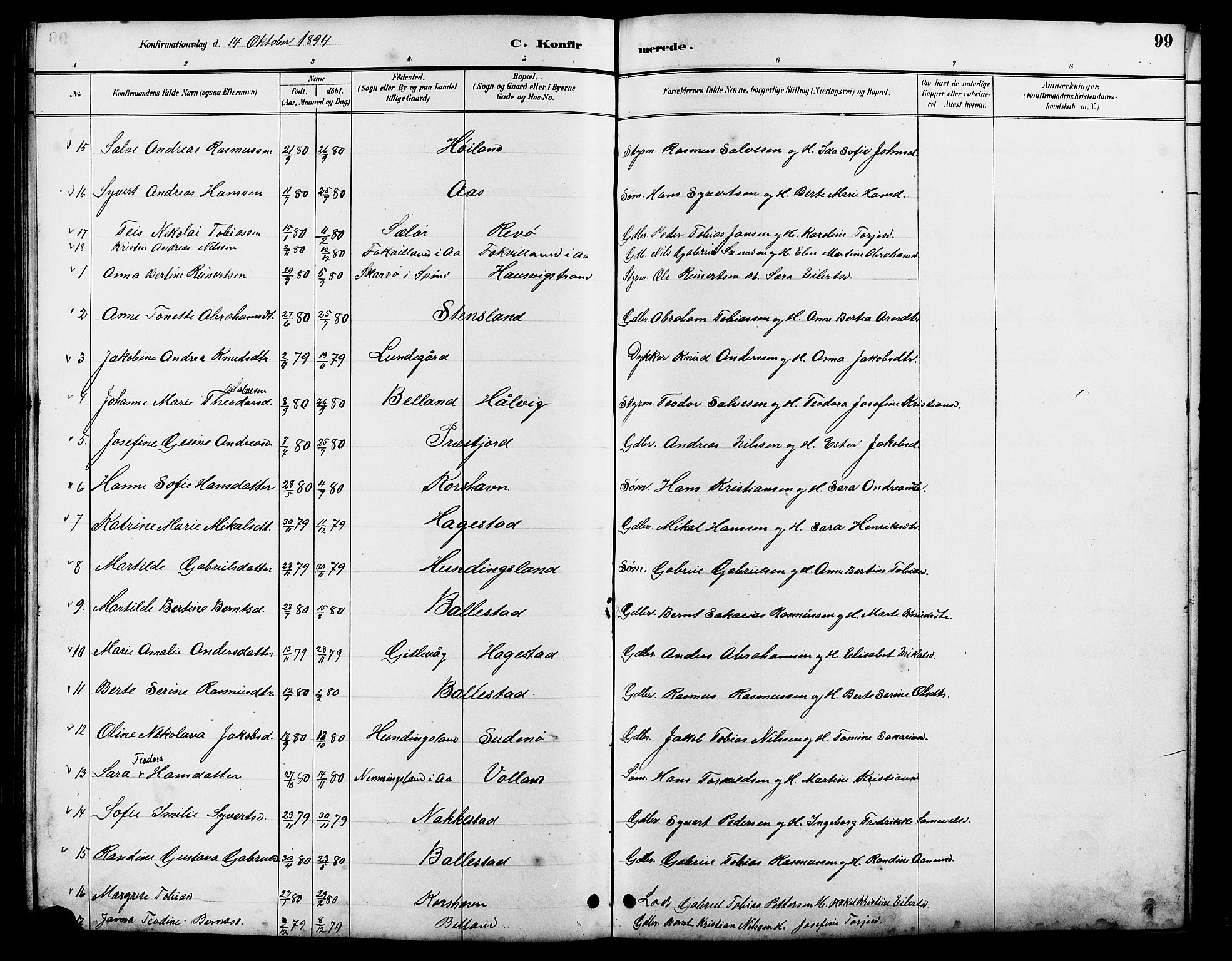 Lyngdal sokneprestkontor, AV/SAK-1111-0029/F/Fb/Fba/L0003: Parish register (copy) no. B 3, 1886-1903, p. 99