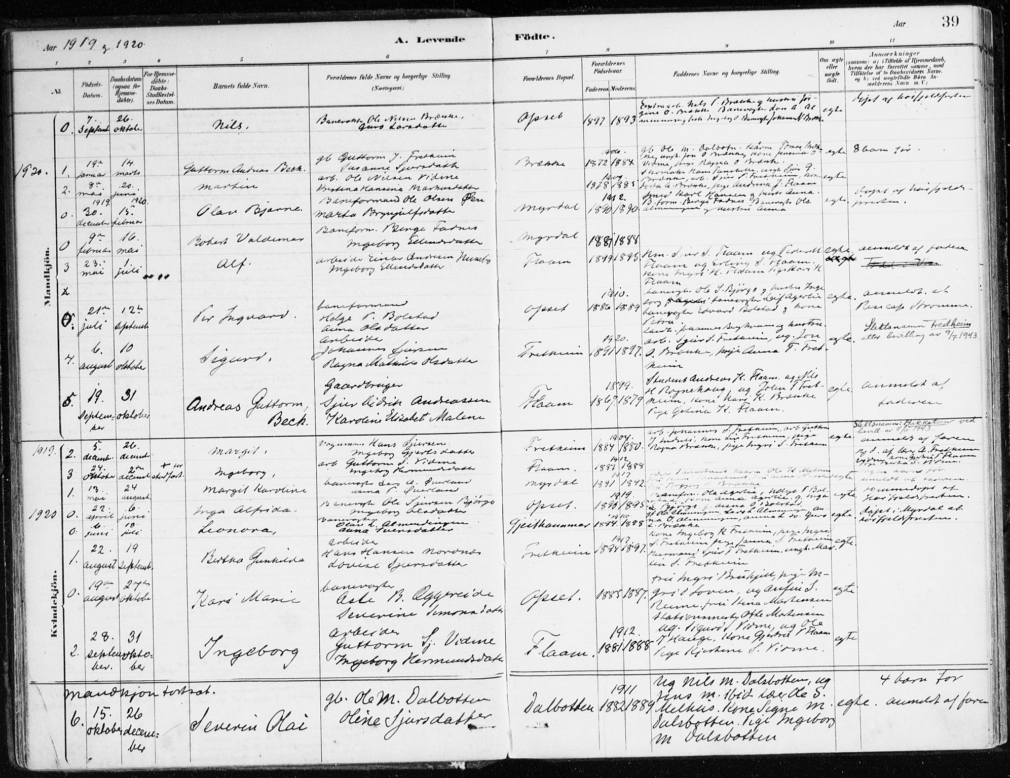 Aurland sokneprestembete, SAB/A-99937/H/Ha/Hac/L0001: Parish register (official) no. C 1, 1880-1921, p. 39