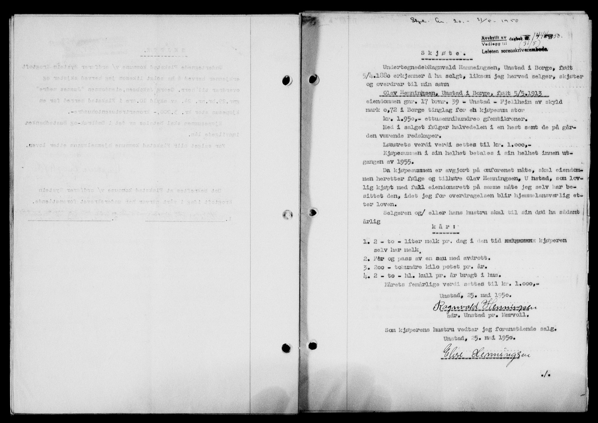 Lofoten sorenskriveri, SAT/A-0017/1/2/2C/L0023a: Mortgage book no. 23a, 1950-1950, Diary no: : 1444/1950