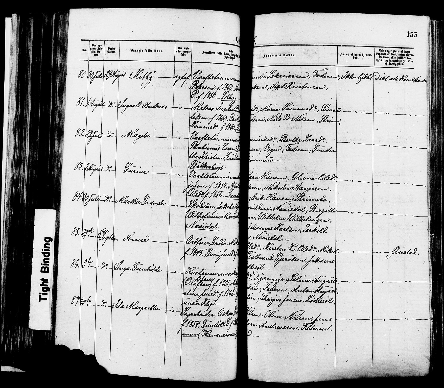 Øyestad sokneprestkontor, SAK/1111-0049/F/Fa/L0016: Parish register (official) no. A 16, 1874-1886, p. 155