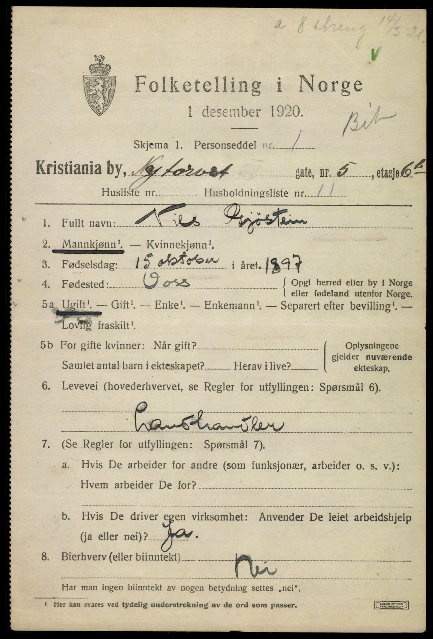 SAO, 1920 census for Kristiania, 1920, p. 428053