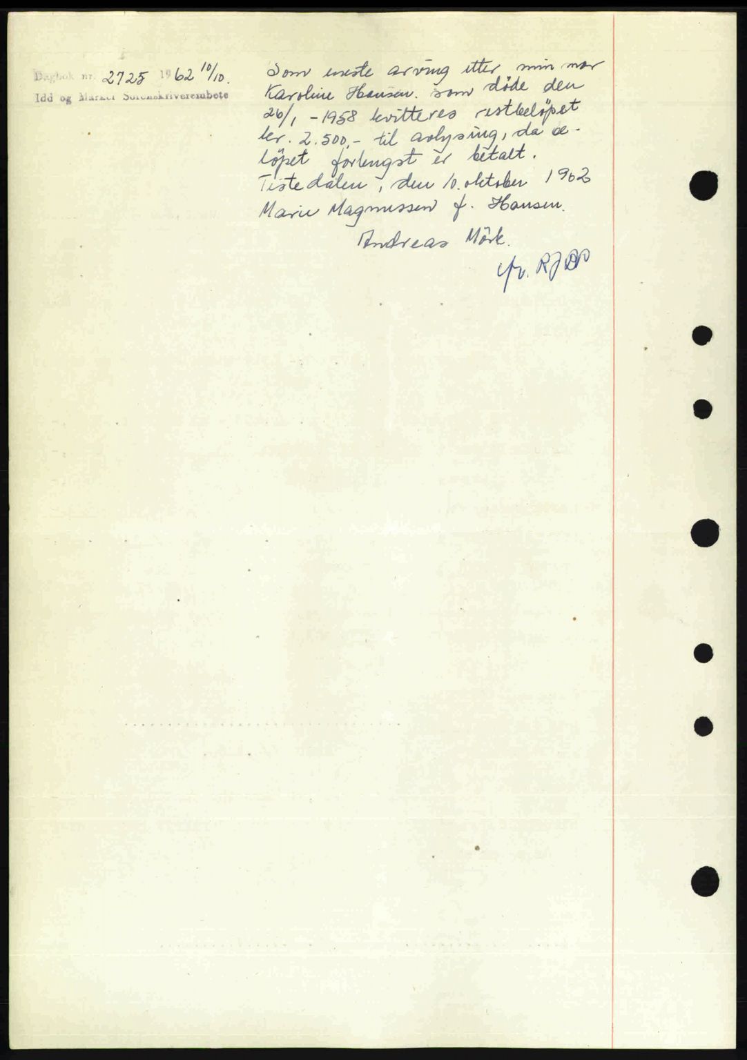 Idd og Marker sorenskriveri, AV/SAO-A-10283/G/Gb/Gbb/L0008: Mortgage book no. A8, 1946-1946, Diary no: : 2725/1962