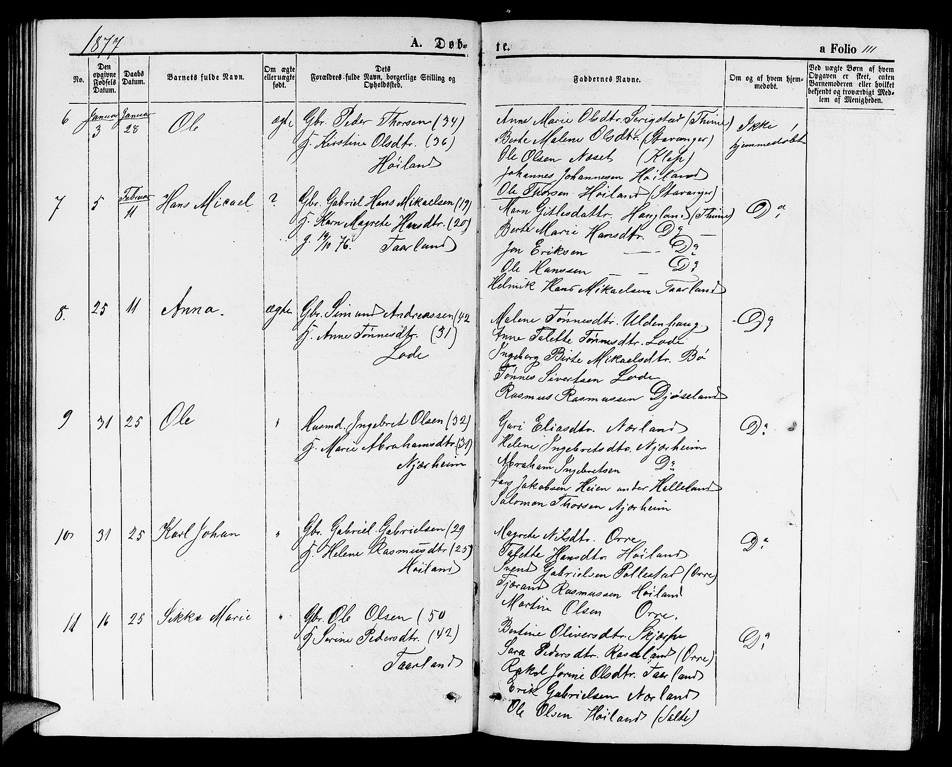 Hå sokneprestkontor, AV/SAST-A-101801/001/30BB/L0001: Parish register (copy) no. B 1, 1854-1883, p. 111