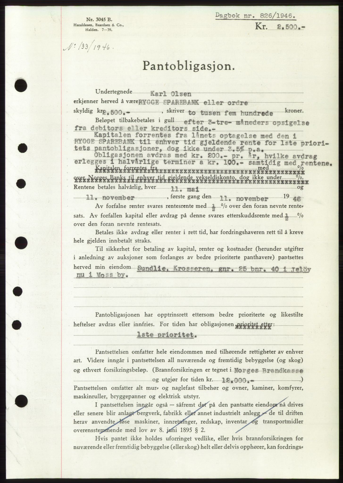 Moss sorenskriveri, AV/SAO-A-10168: Mortgage book no. B15, 1946-1946, Diary no: : 826/1946