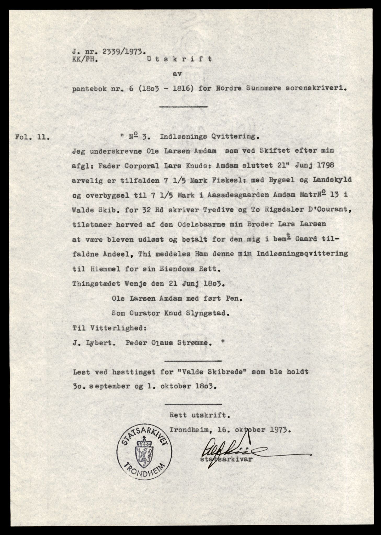 Statsarkivet i Trondheim, AV/SAT-A-4183/J/Jb/L0002: Pantebok 6, 1803-1816