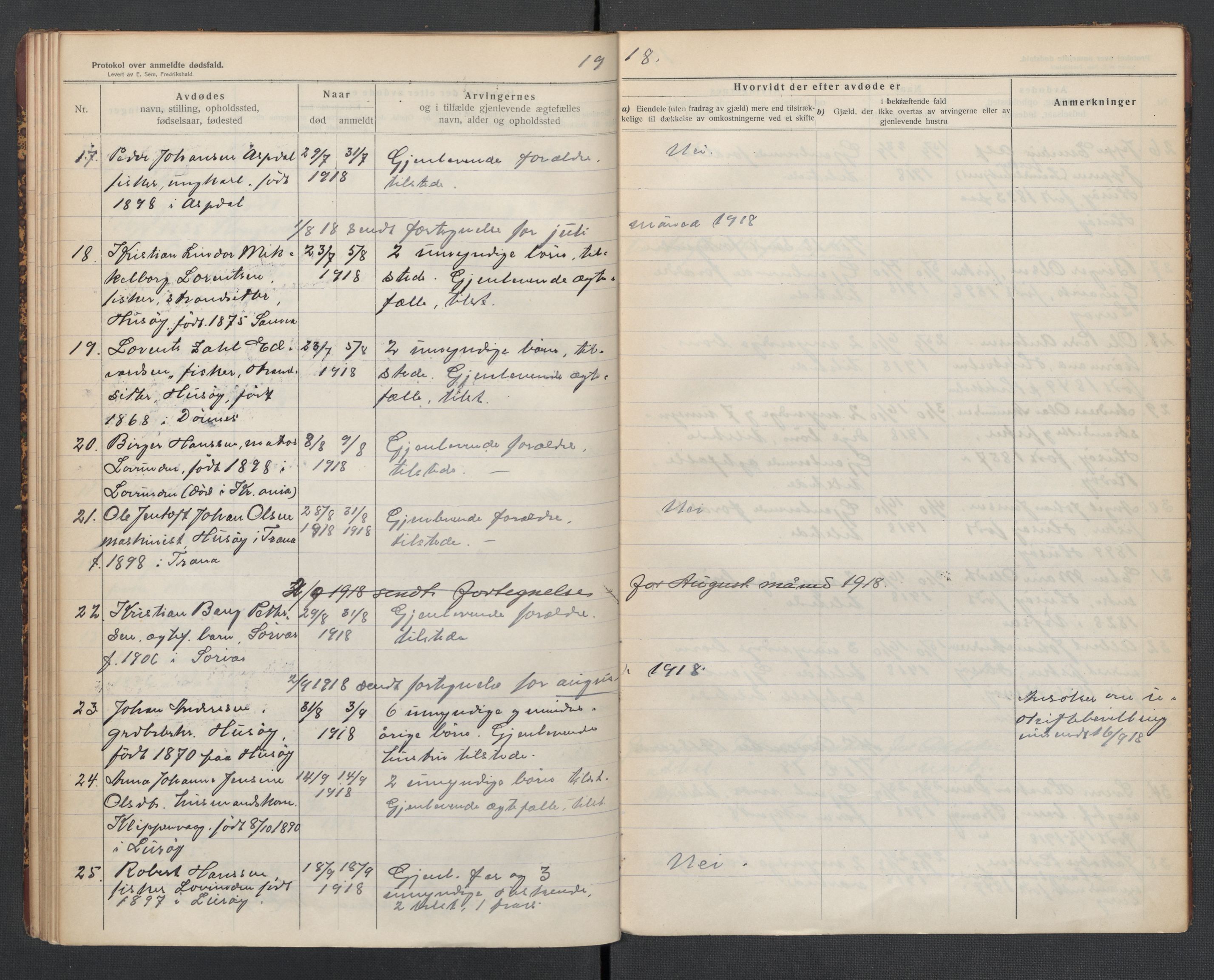 Lurøy og Træna lensmannskontor, AV/SAT-A-5697/1/02/L0002: 2.01.02 - Dødsfallsprotokoll, 1911-1920