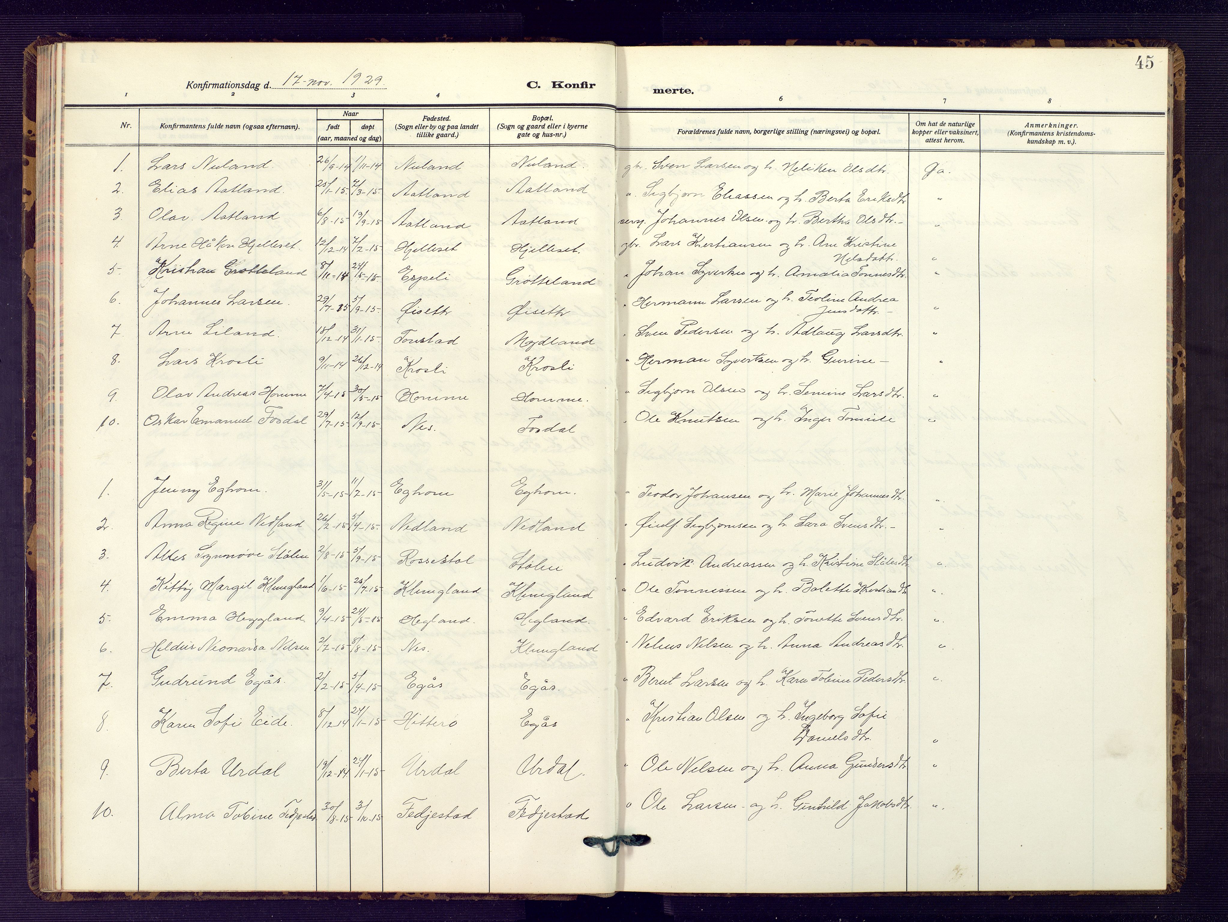 Bakke sokneprestkontor, SAK/1111-0002/F/Fb/Fbb/L0005: Parish register (copy) no. B 5, 1927-1947, p. 45
