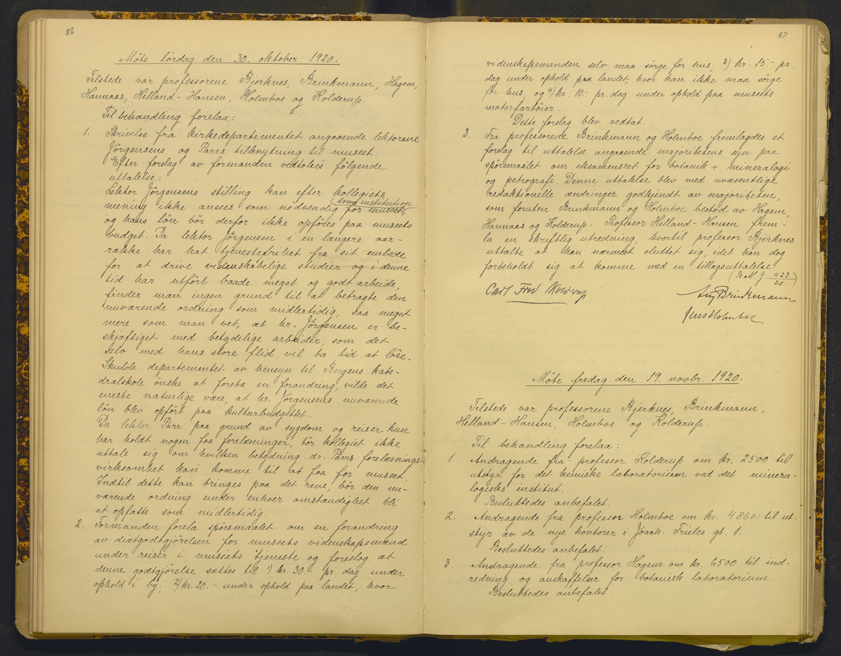 Bergens Museum, AV/SAB-A-17301/18/A/L0001: Bestyrerkollegiets forhandlingsprotokoll med register , 1907-1927, p. 86-87