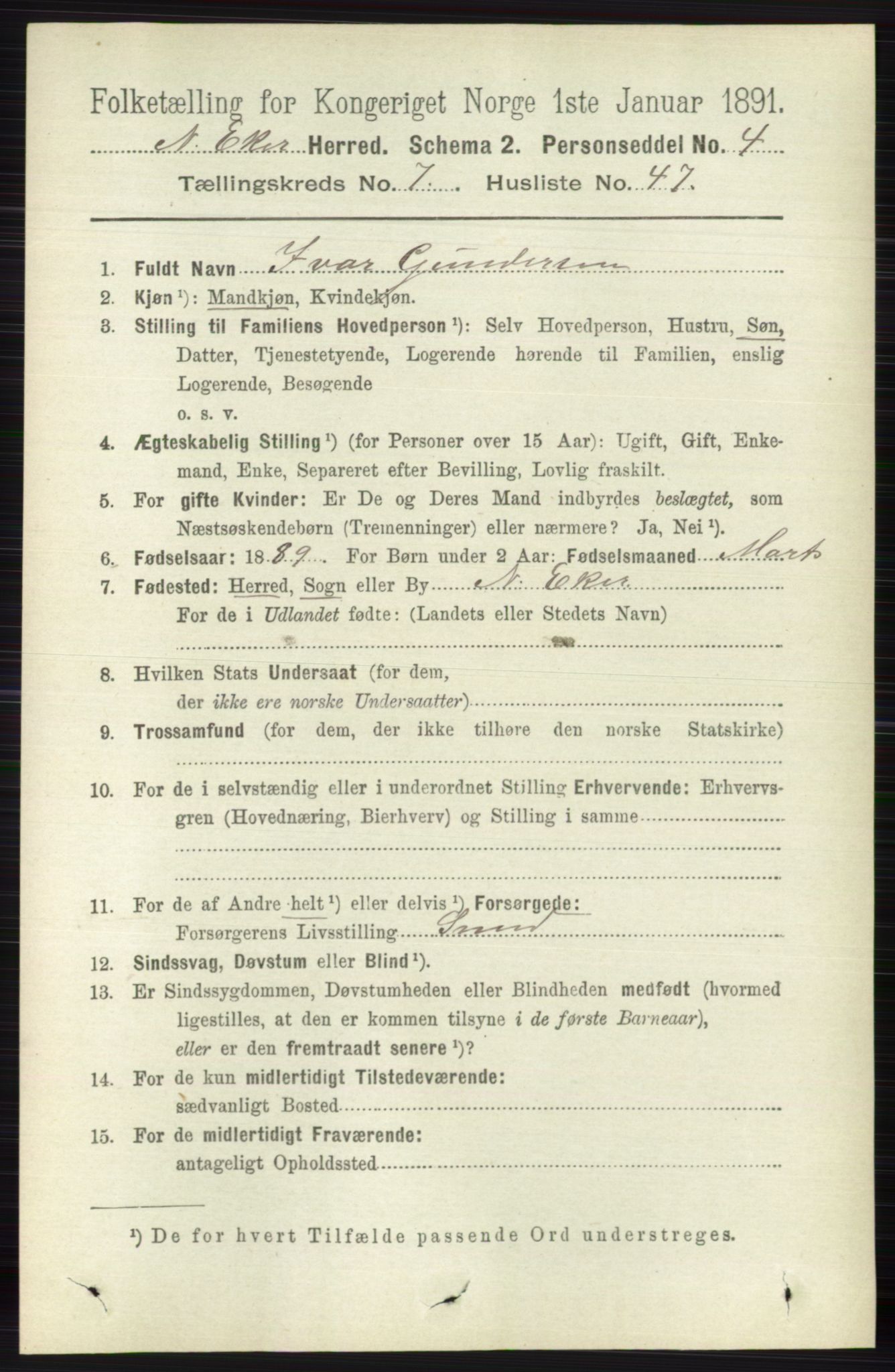 RA, 1891 census for 0625 Nedre Eiker, 1891, p. 3737