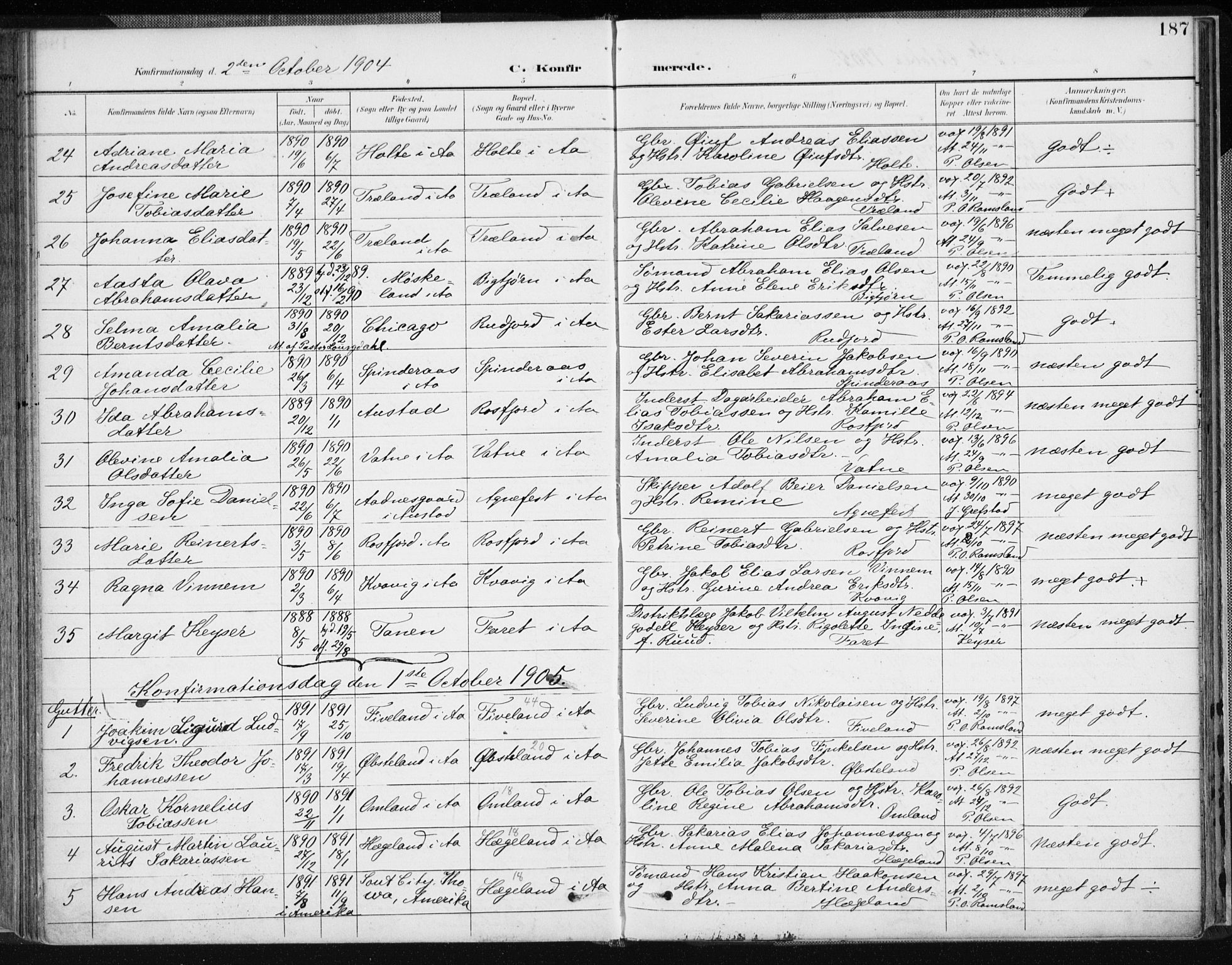 Lyngdal sokneprestkontor, AV/SAK-1111-0029/F/Fa/Fac/L0012: Parish register (official) no. A 12, 1894-1918, p. 187