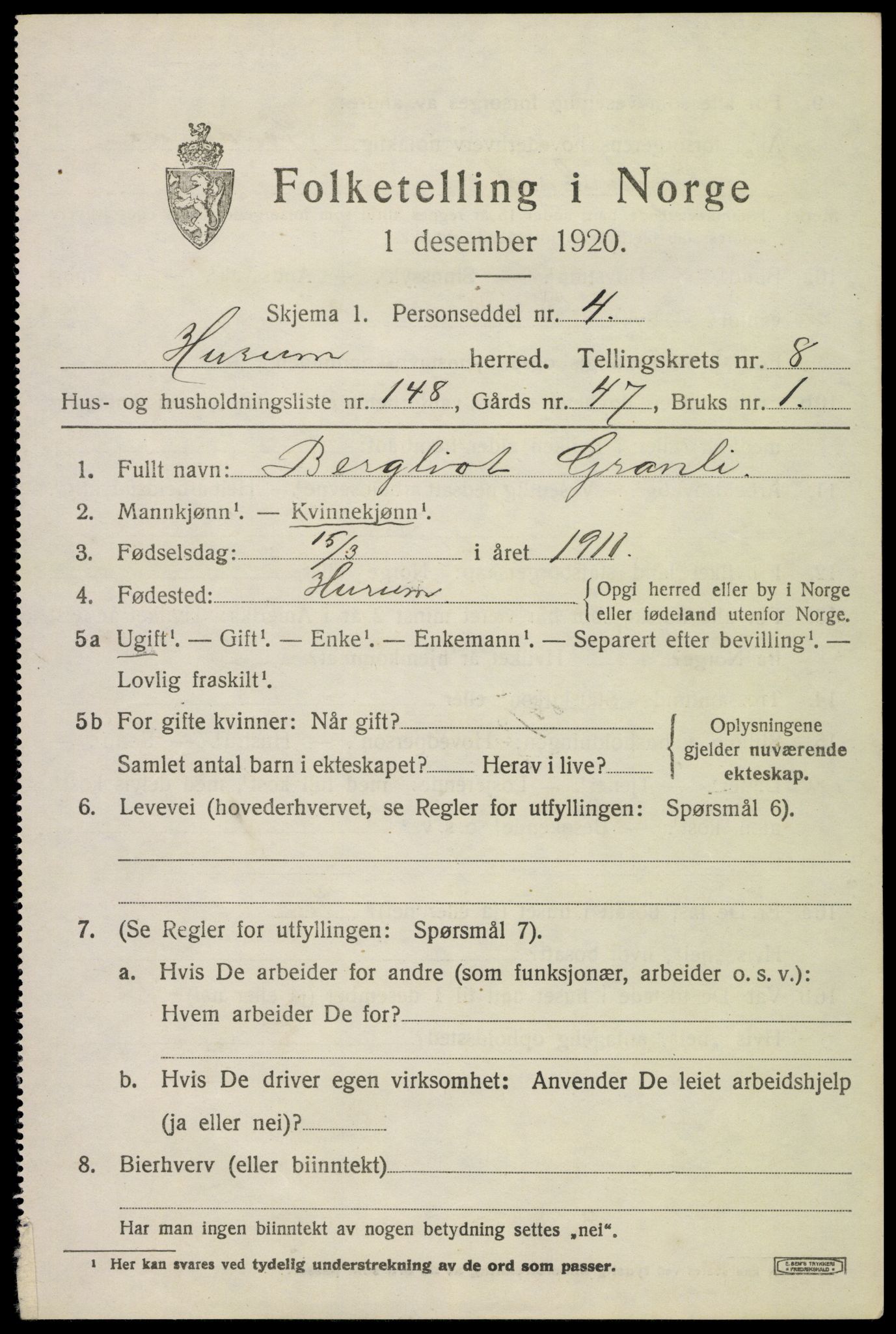 SAKO, 1920 census for Hurum, 1920, p. 11978