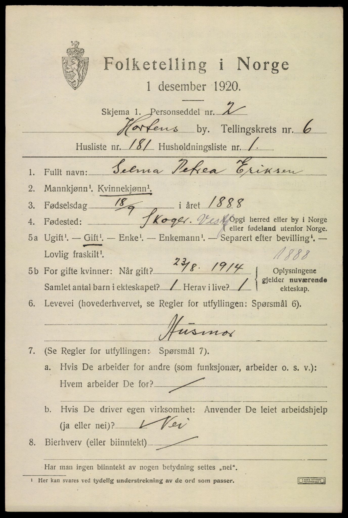 SAKO, 1920 census for Horten, 1920, p. 25451