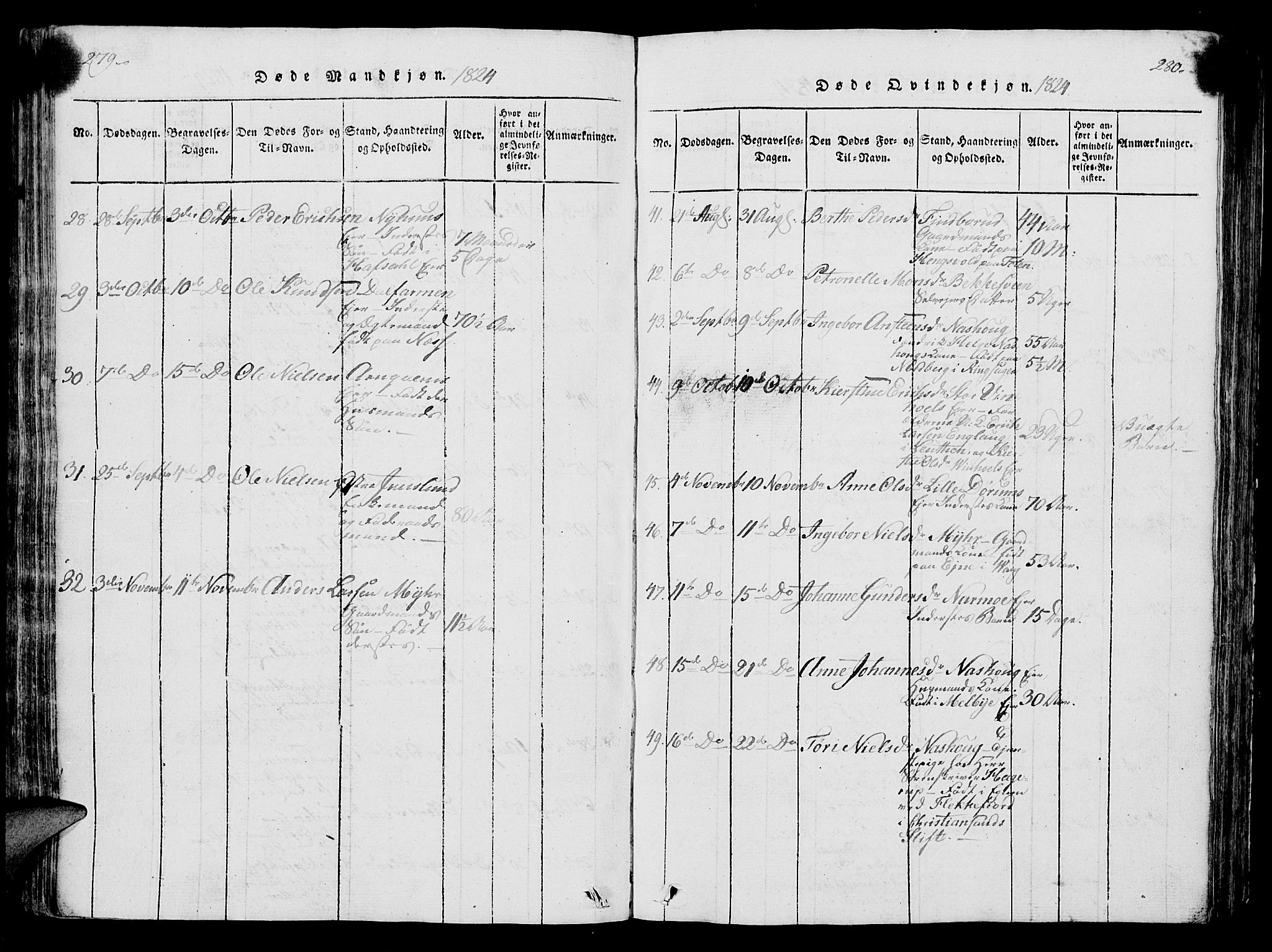 Vang prestekontor, Hedmark, SAH/PREST-008/H/Ha/Hab/L0004: Parish register (copy) no. 4, 1813-1827, p. 279-280