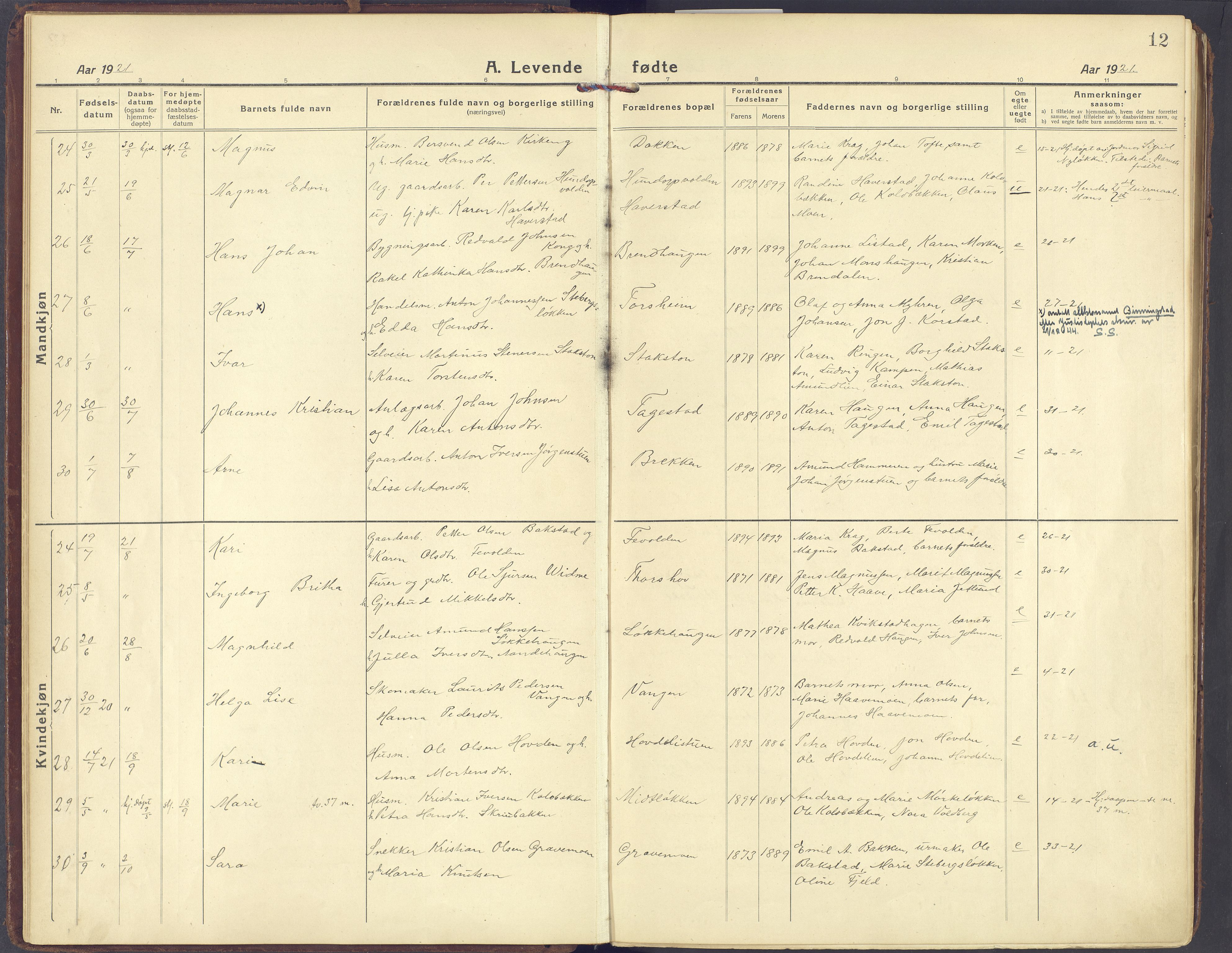 Sør-Fron prestekontor, AV/SAH-PREST-010/H/Ha/Haa/L0005: Parish register (official) no. 5, 1920-1933, p. 12