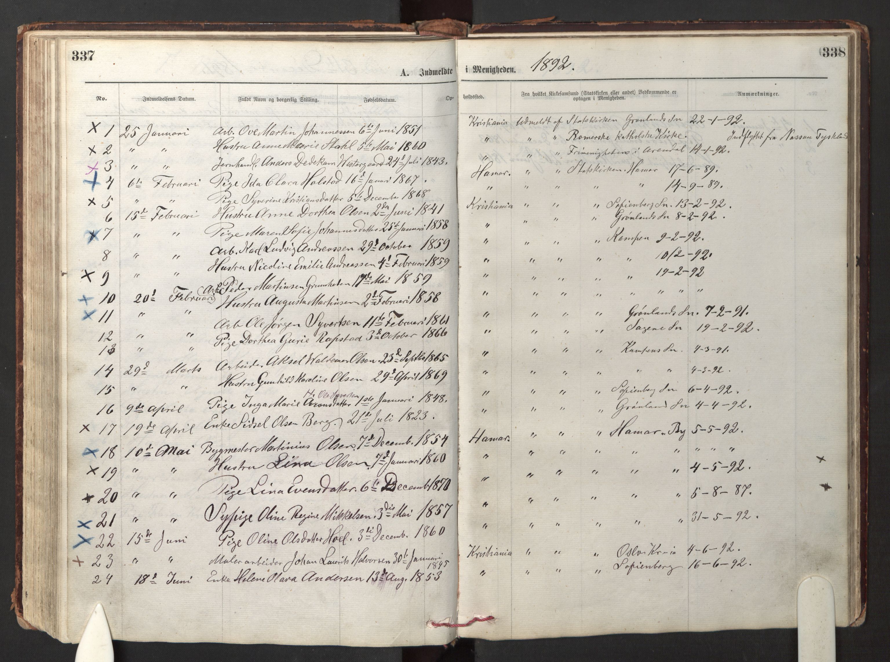 Den evangelisk-lutherske frikirke østre menighet, Oslo, AV/SAO-PAO-0245/F/L0001: Dissenter register no. 1, 1878-1892, p. 337-338