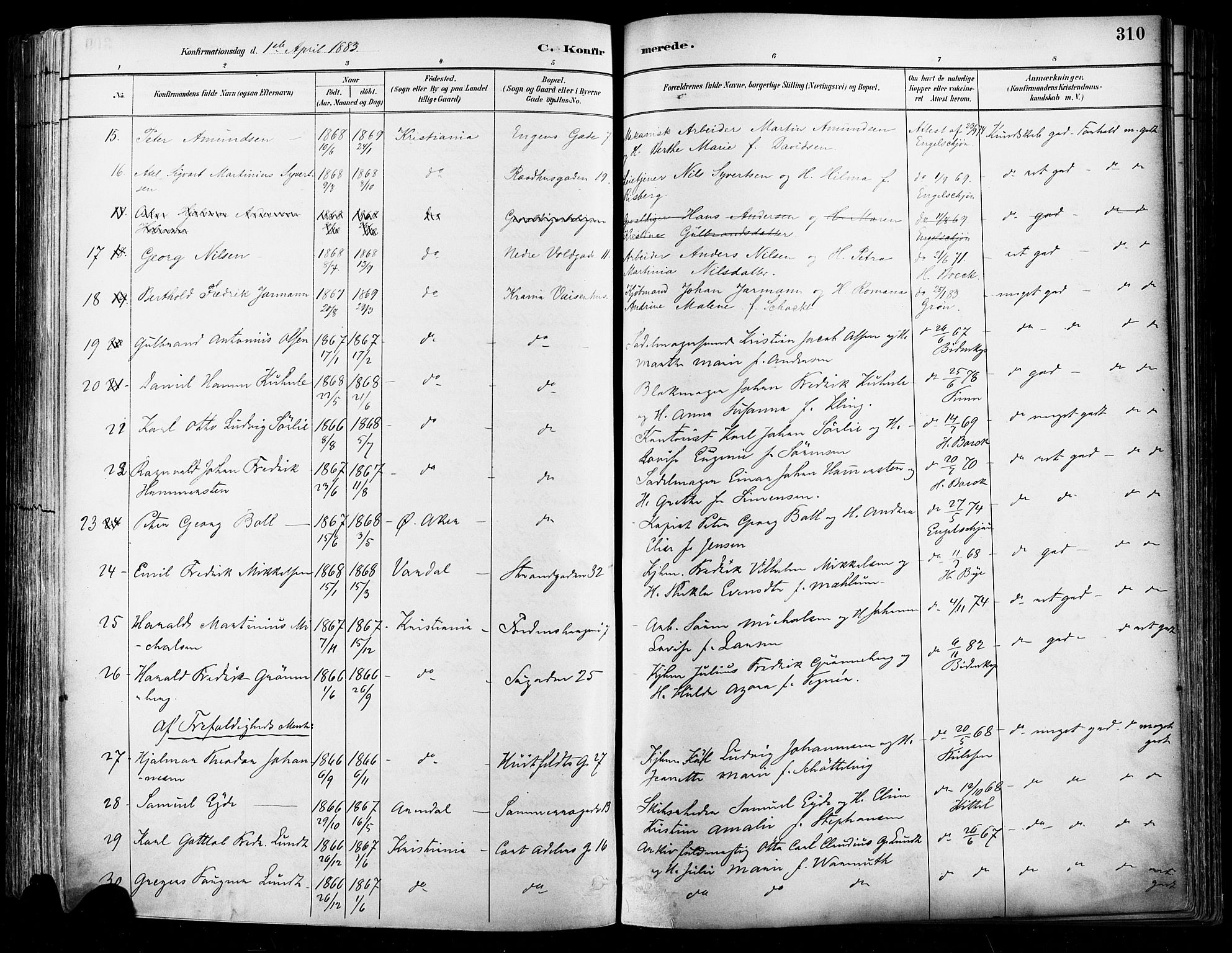 Johannes prestekontor Kirkebøker, SAO/A-10852/F/Fa/L0003: Parish register (official) no. 3, 1882-1896, p. 310