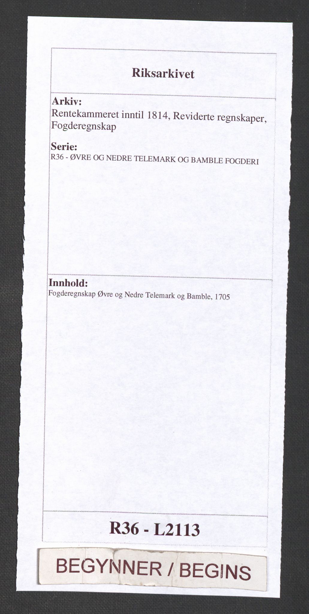 Rentekammeret inntil 1814, Reviderte regnskaper, Fogderegnskap, AV/RA-EA-4092/R36/L2113: Fogderegnskap Øvre og Nedre Telemark og Bamble, 1705, p. 1