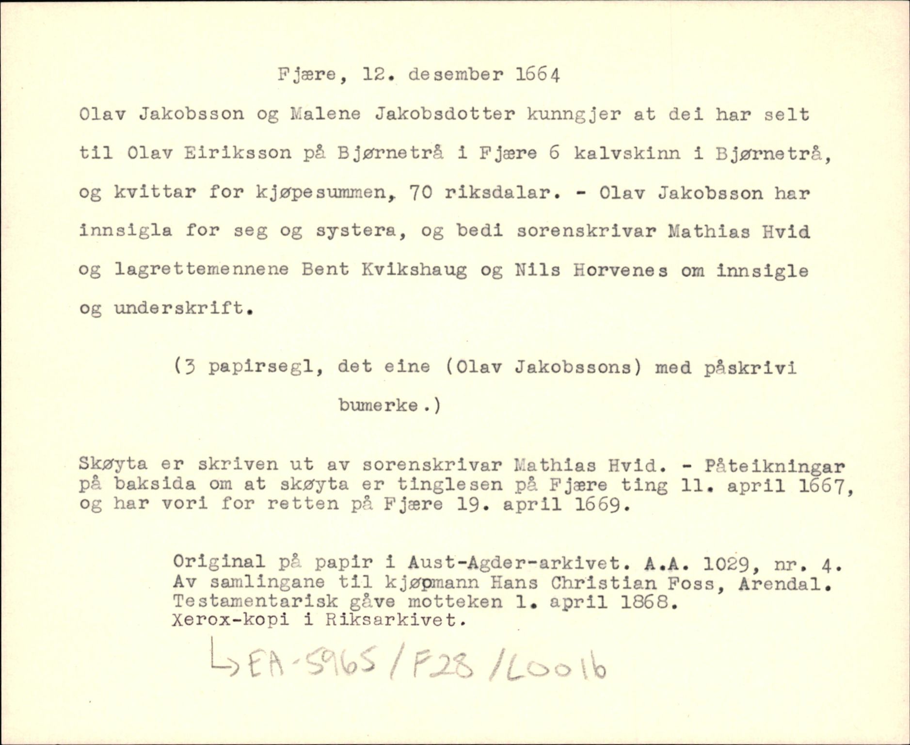 Riksarkivets diplomsamling, AV/RA-EA-5965/F35/F35d/L0005: Innlånte diplomer, seddelregister, 1661-1690, p. 111