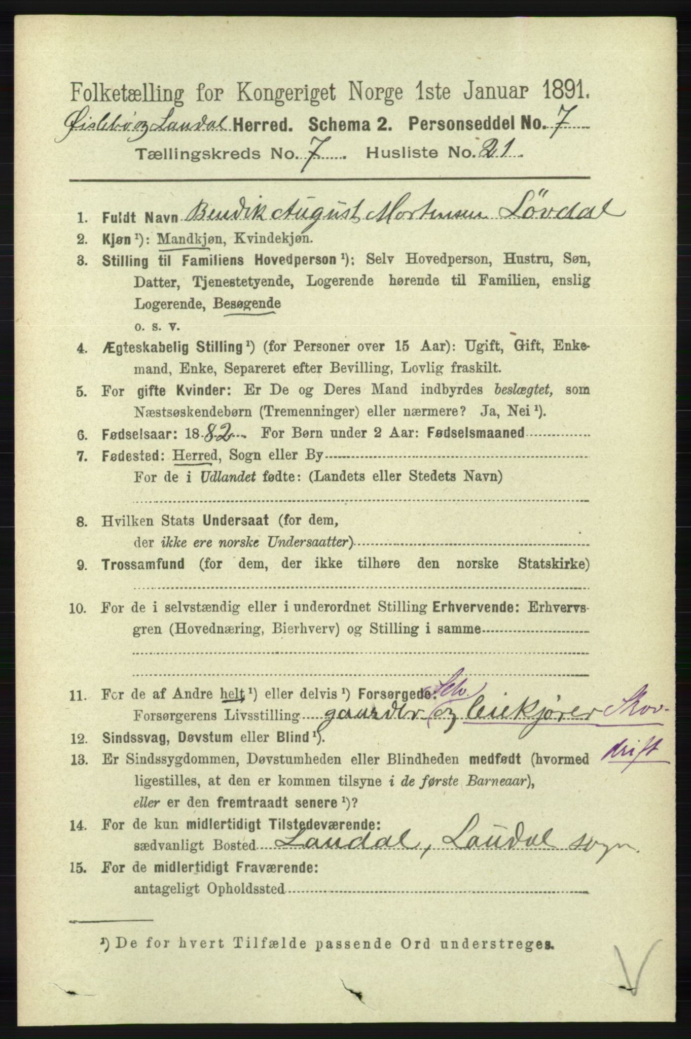 RA, 1891 census for 1021 Øyslebø og Laudal, 1891, p. 2047