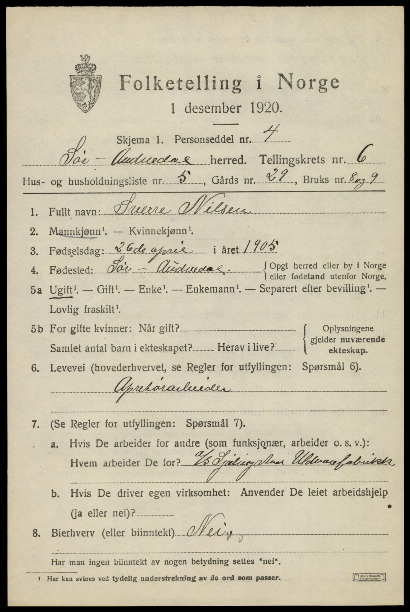 SAK, 1920 census for Sør-Audnedal, 1920, p. 2739