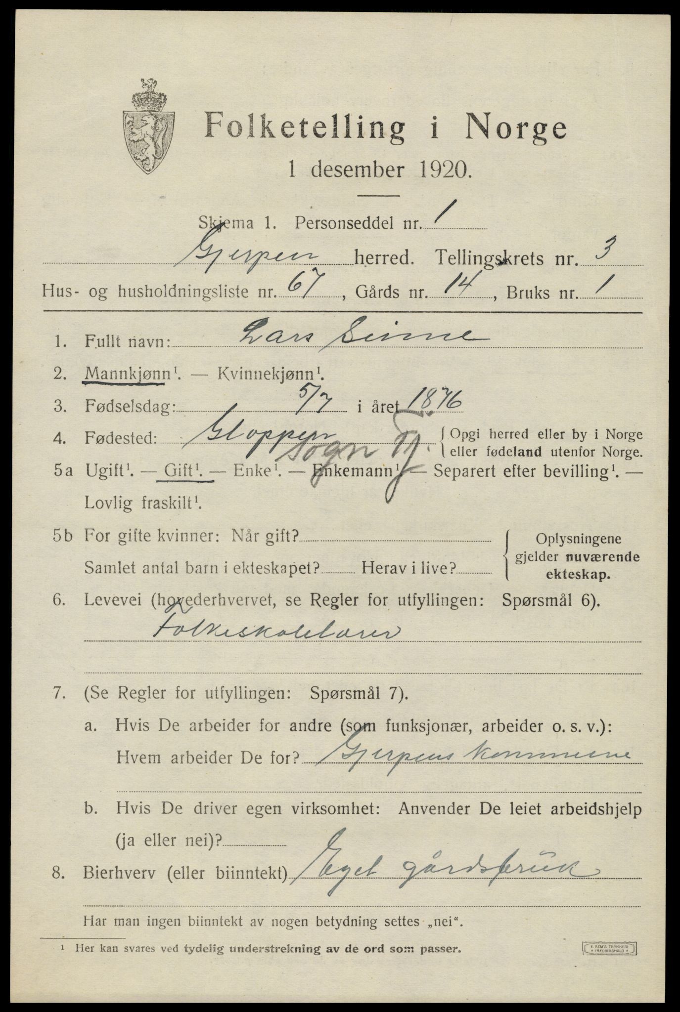 SAKO, 1920 census for Gjerpen, 1920, p. 6090