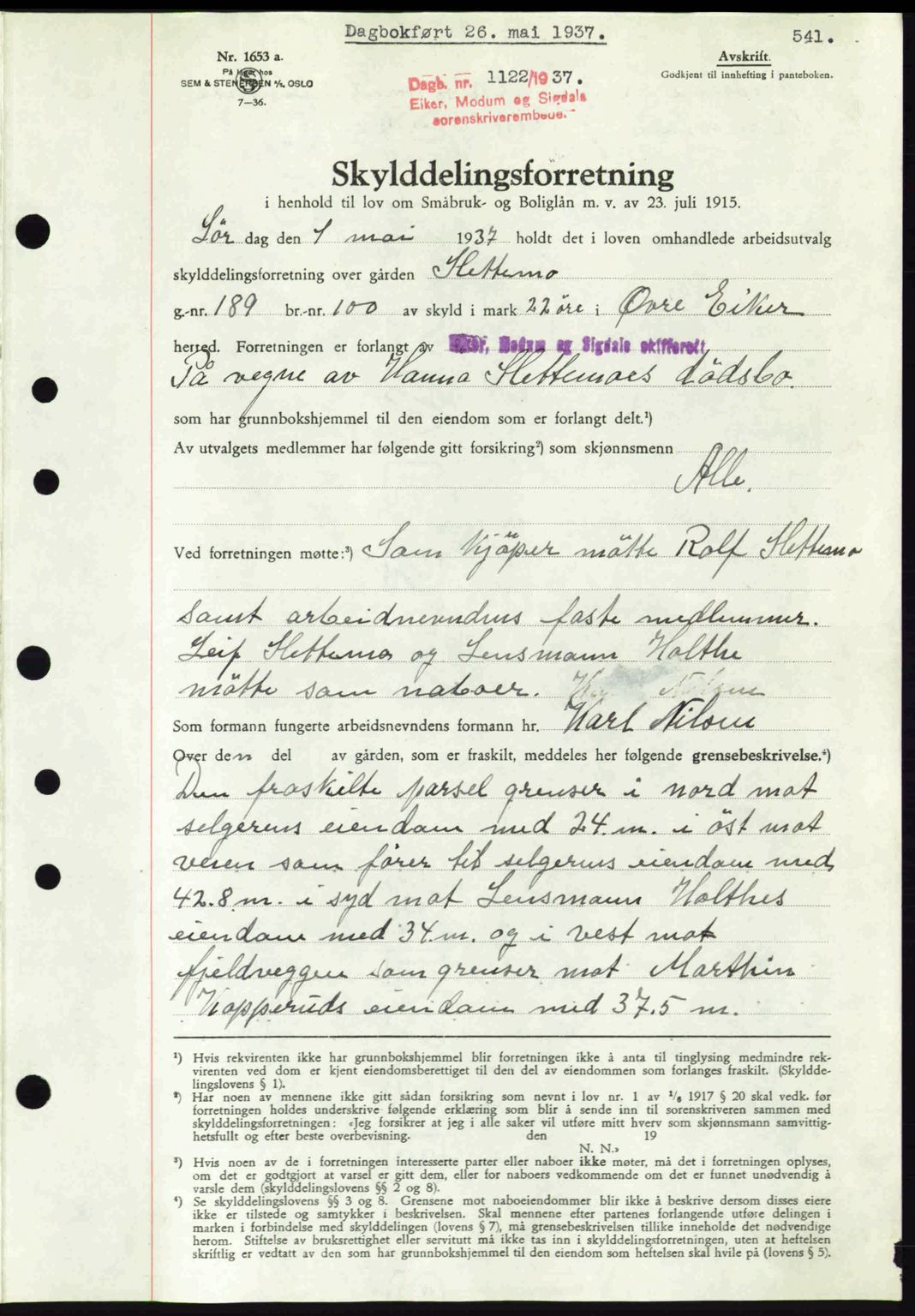 Eiker, Modum og Sigdal sorenskriveri, SAKO/A-123/G/Ga/Gab/L0035: Mortgage book no. A5, 1937-1937, Diary no: : 1122/1937