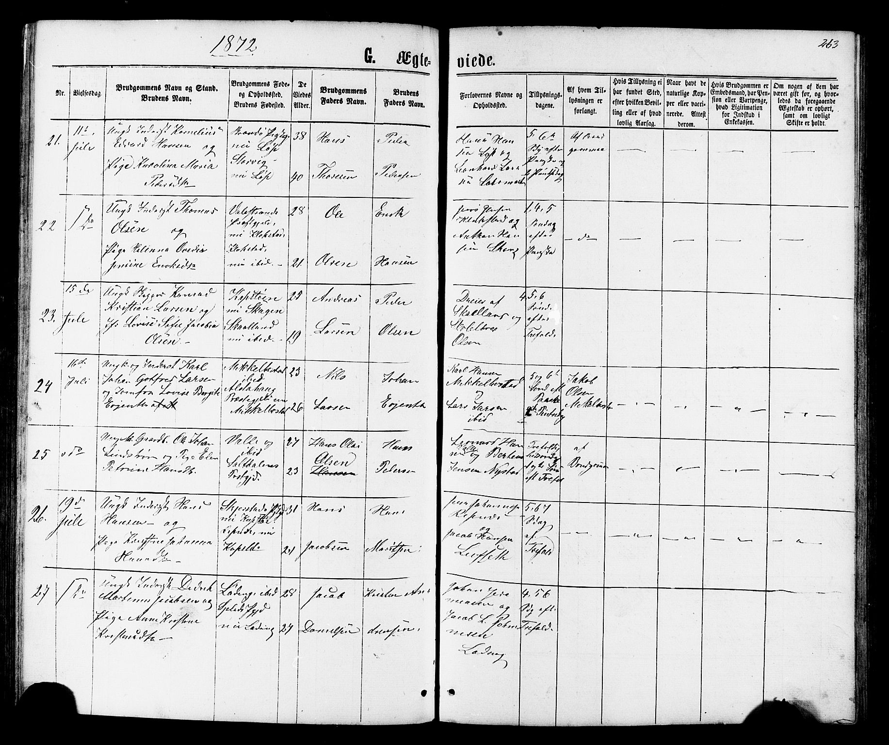 Ministerialprotokoller, klokkerbøker og fødselsregistre - Nordland, AV/SAT-A-1459/801/L0029: Parish register (copy) no. 801C04, 1868-1878, p. 263