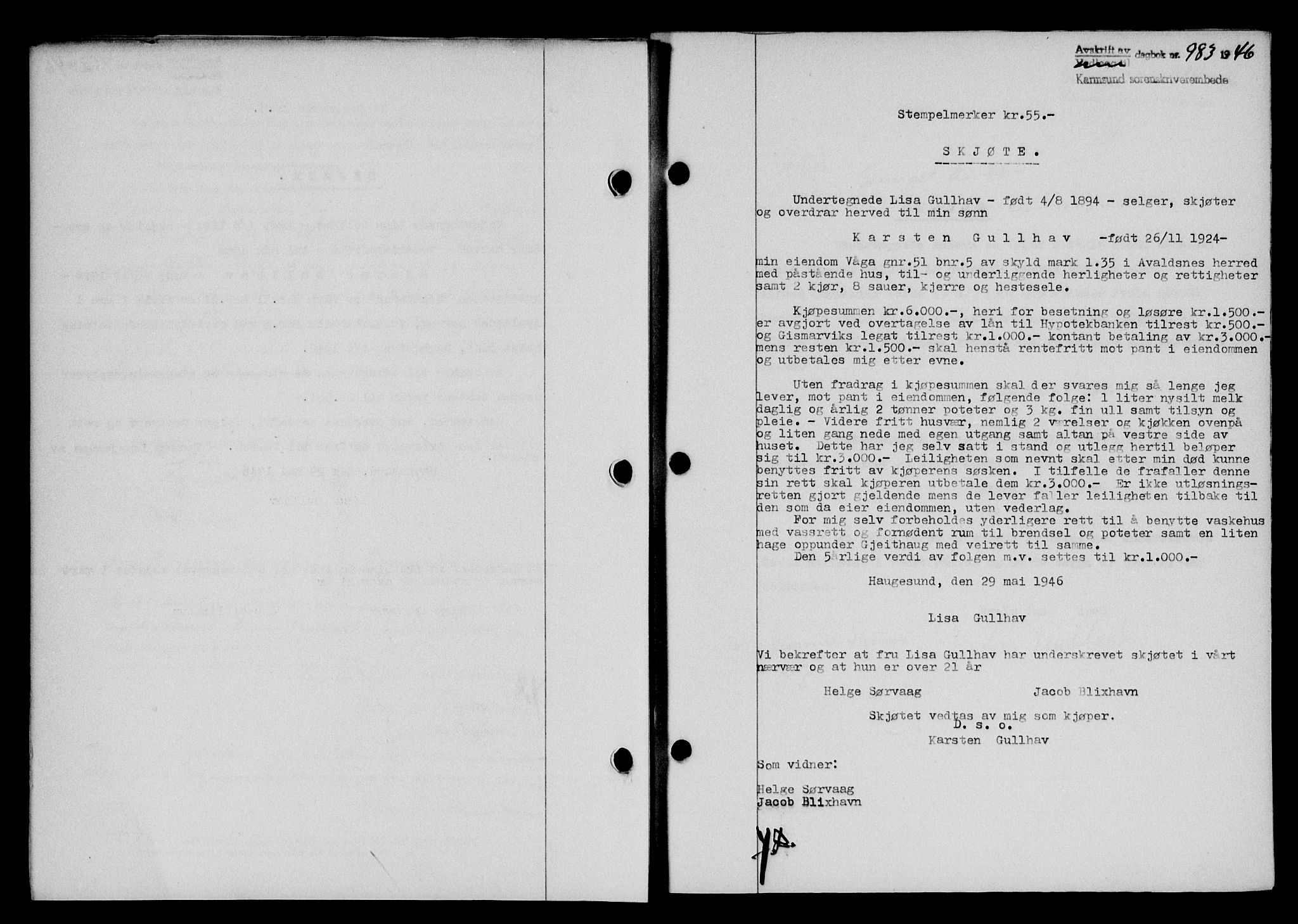 Karmsund sorenskriveri, AV/SAST-A-100311/01/II/IIB/L0085: Mortgage book no. 66A, 1946-1946, Diary no: : 983/1946