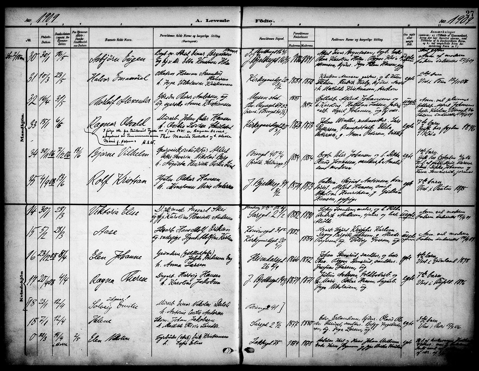 Tøyen prestekontor Kirkebøker, AV/SAO-A-10167a/F/Fa/L0001: Parish register (official) no. I 1, 1907-1916, p. 27