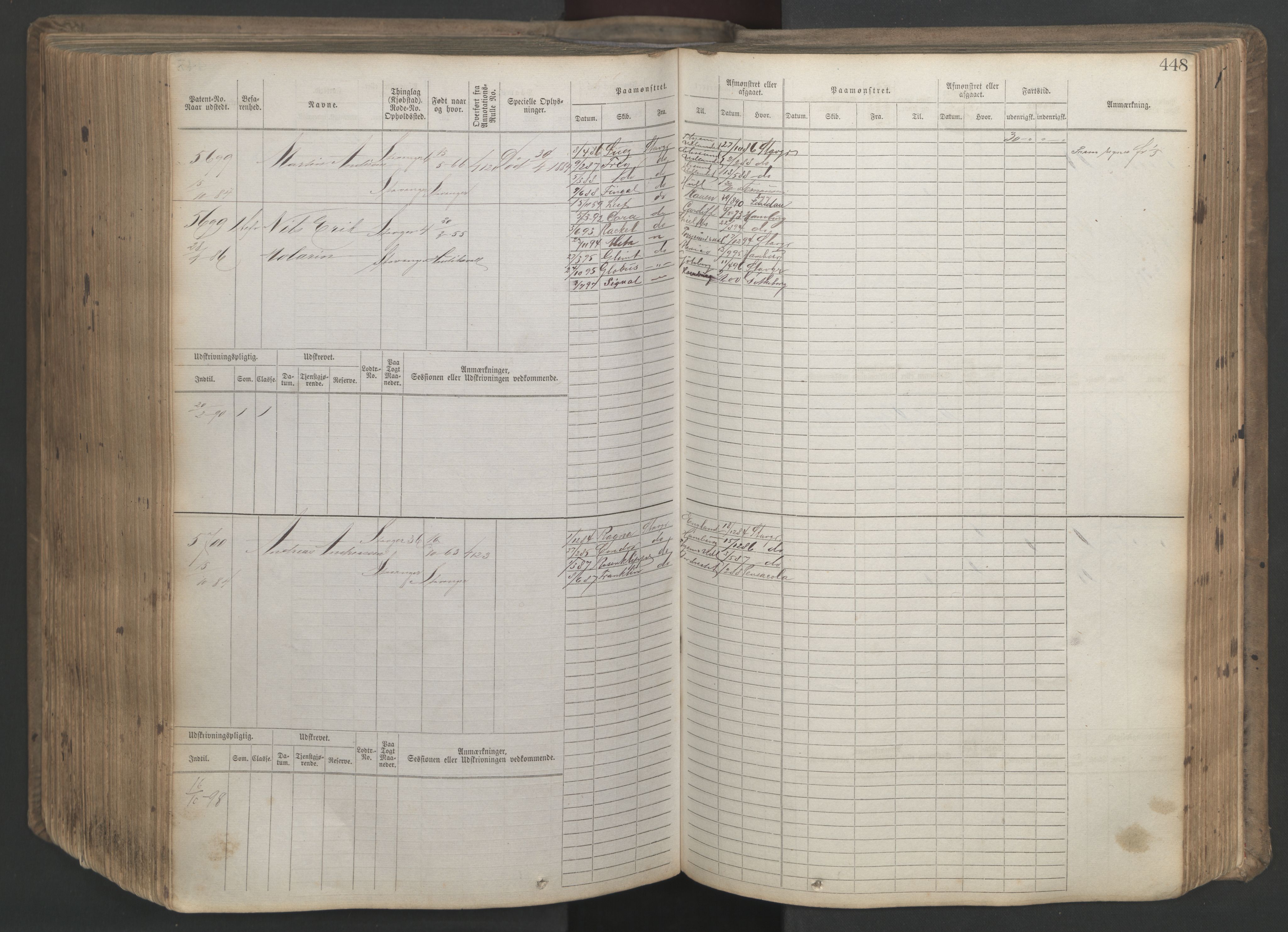 Stavanger sjømannskontor, SAST/A-102006/F/Fb/Fbb/L0020: Sjøfartshovedrulle patnentnr. 4803-6004 (dublett), 1879, p. 453