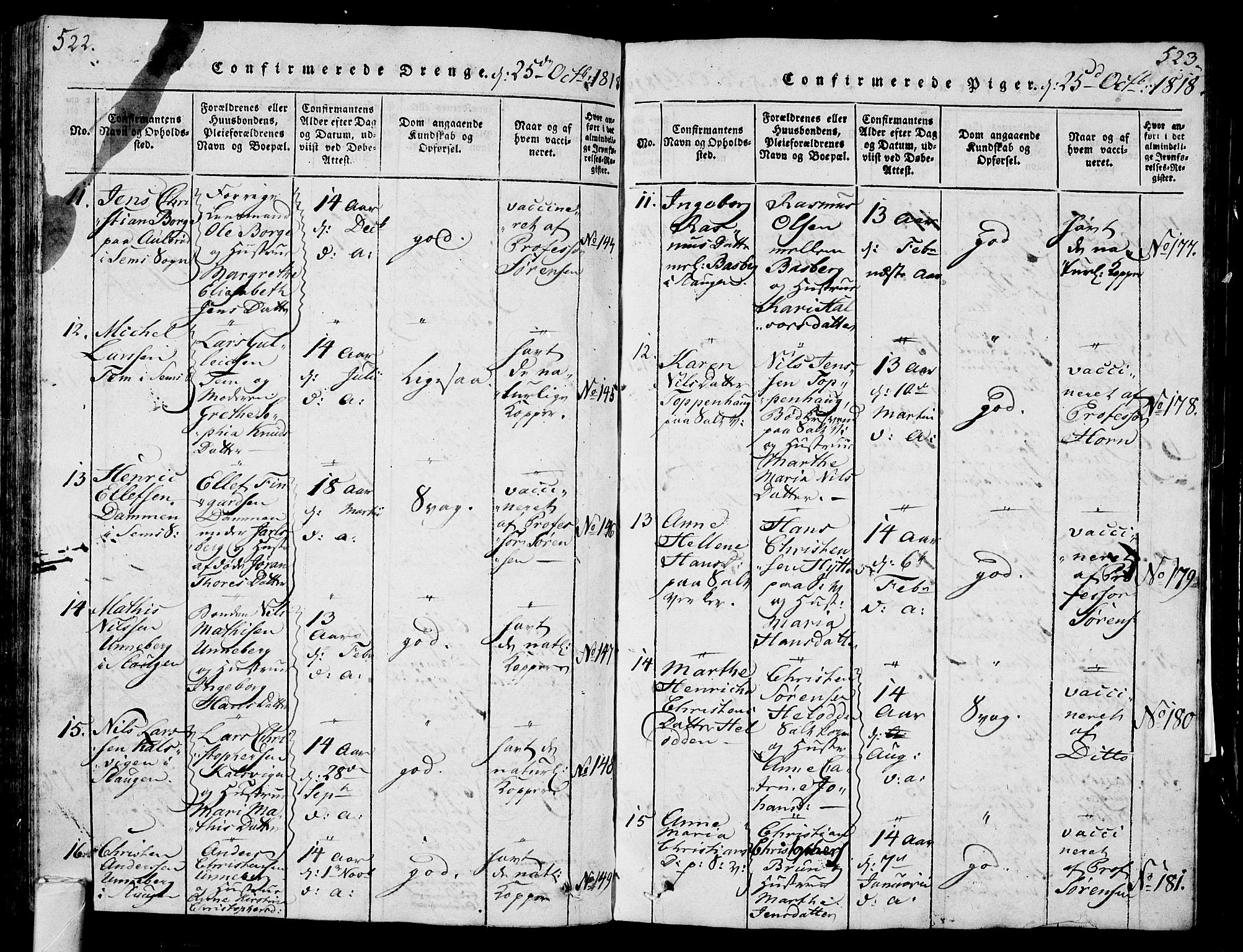 Sem kirkebøker, AV/SAKO-A-5/G/Ga/L0001: Parish register (copy) no. I 1, 1814-1825, p. 522-523