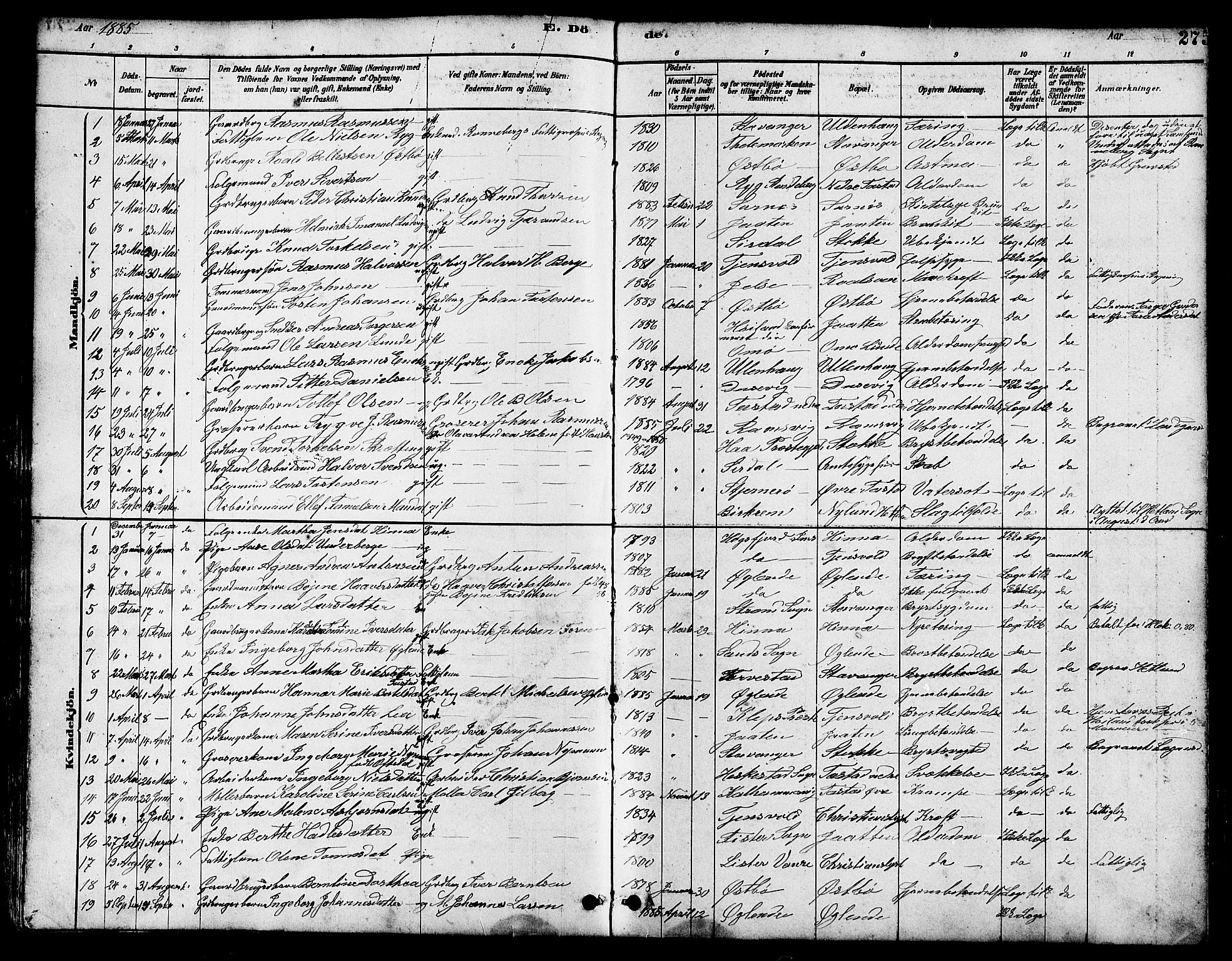 Hetland sokneprestkontor, SAST/A-101826/30/30BB/L0005: Parish register (copy) no. B 5, 1878-1910, p. 275