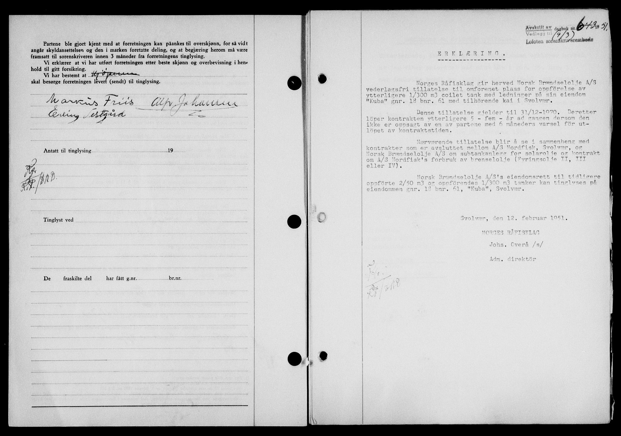 Lofoten sorenskriveri, SAT/A-0017/1/2/2C/L0025a: Mortgage book no. 25a, 1950-1951, Diary no: : 643/1951