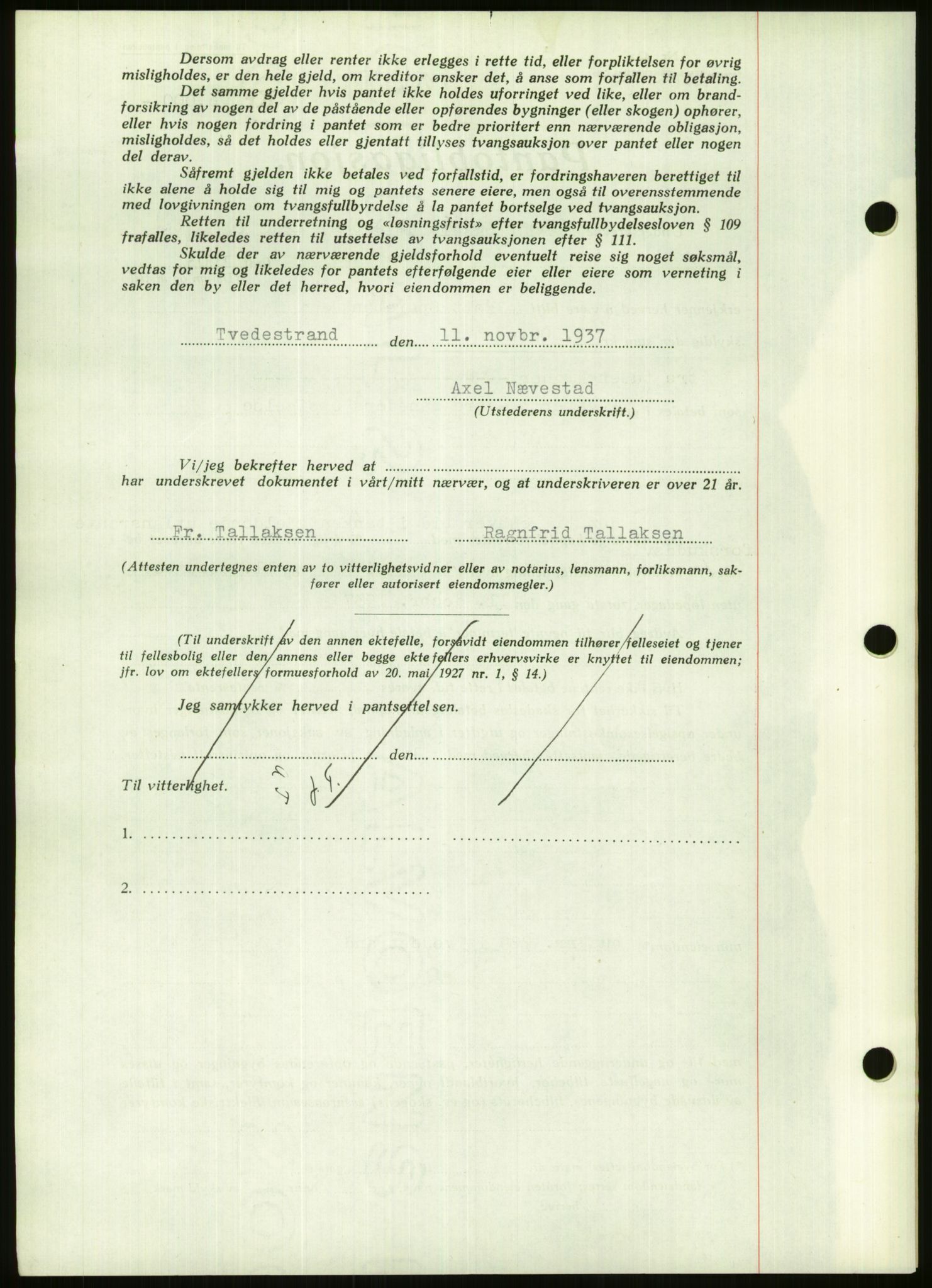 Holt sorenskriveri, AV/SAK-1221-0002/G/Gbb/L0002: Mortgage book no. B II, 1937-1939, Diary no: : 1009/1937