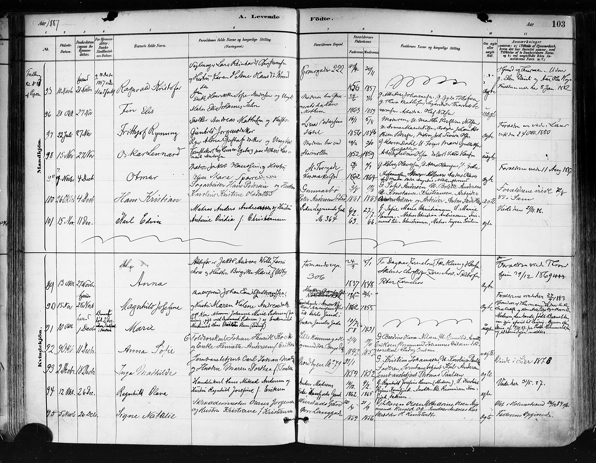 Tønsberg kirkebøker, SAKO/A-330/F/Fa/L0011: Parish register (official) no. I 11, 1881-1890, p. 103