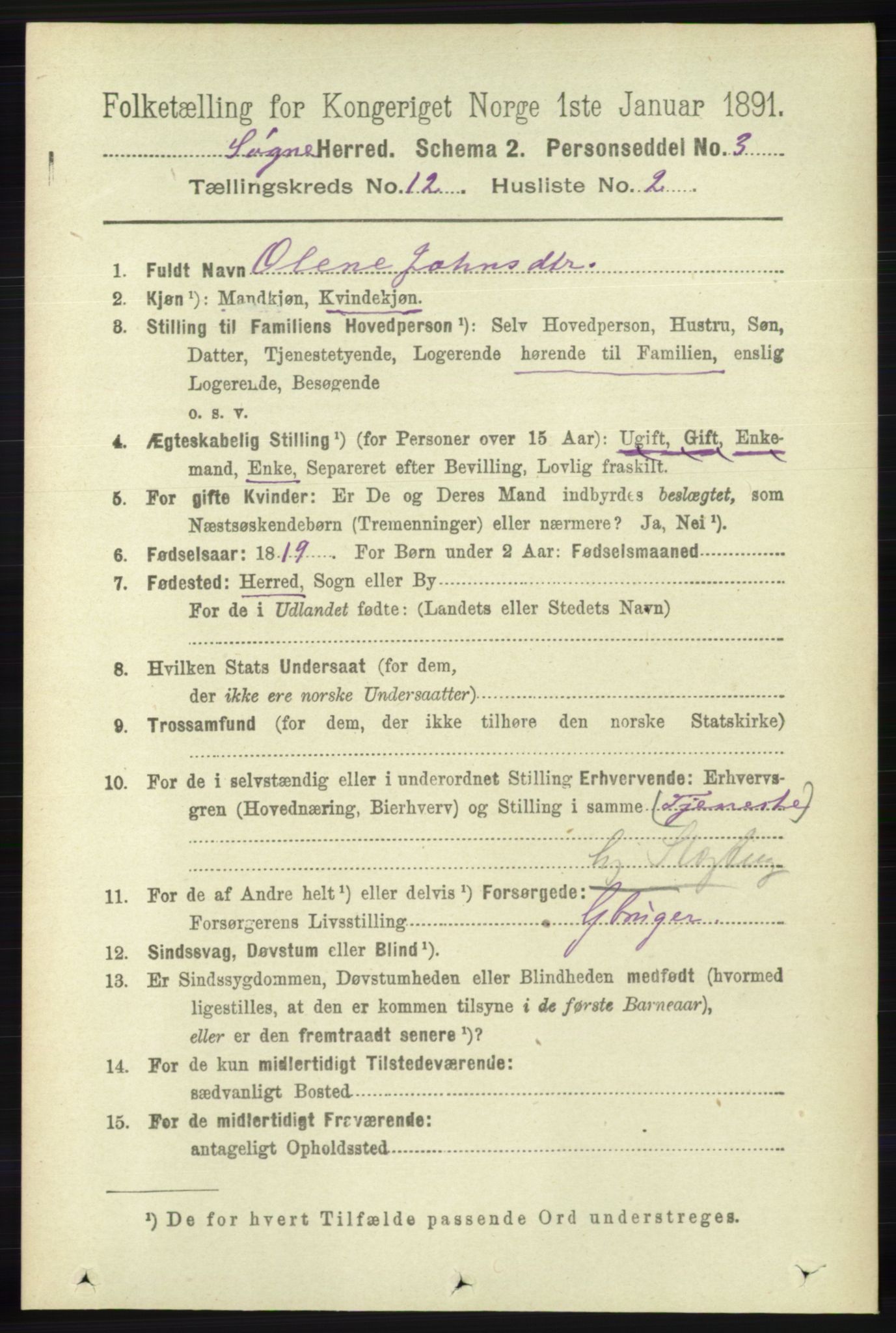 RA, 1891 census for 1018 Søgne, 1891, p. 3130