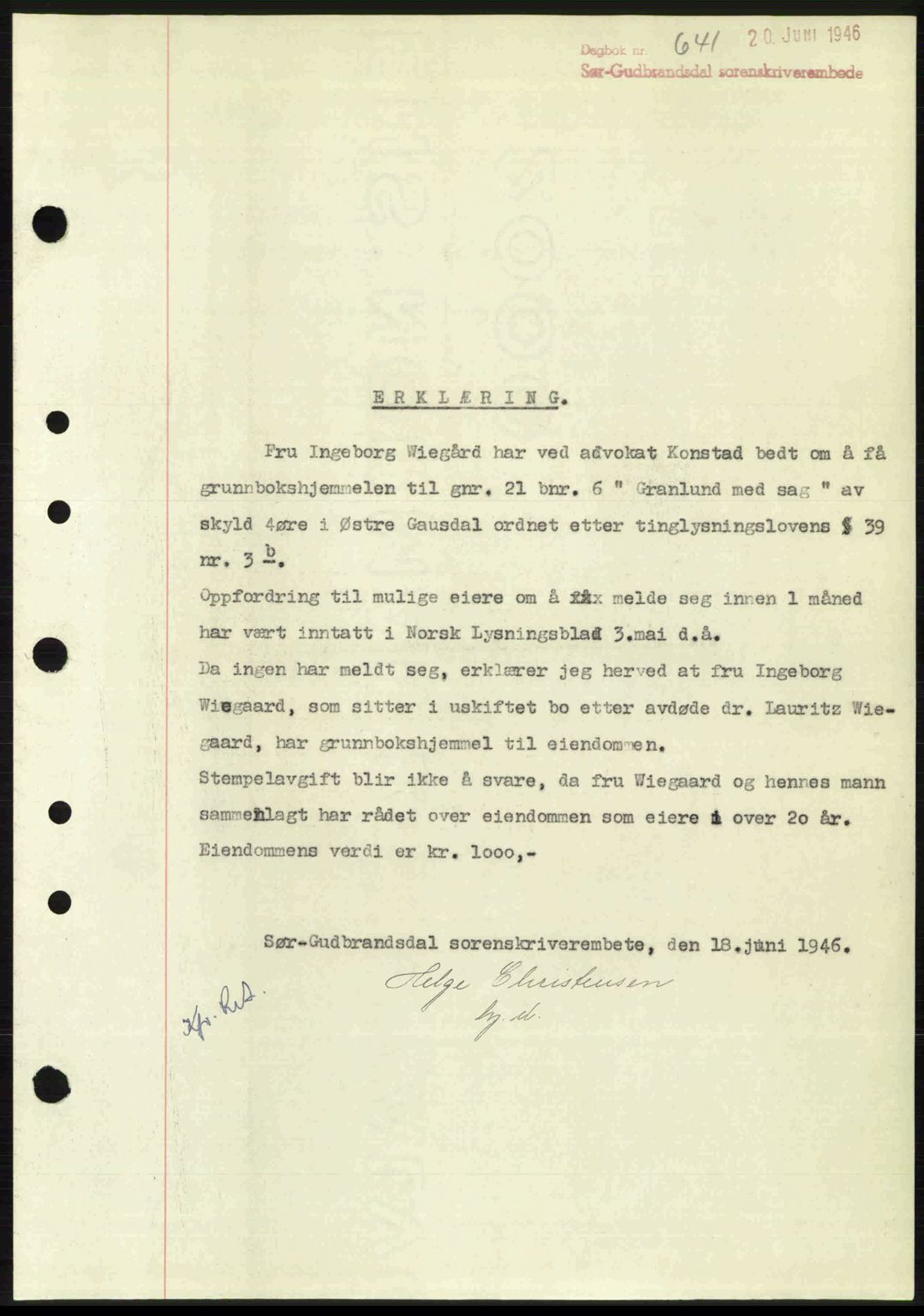 Sør-Gudbrandsdal tingrett, SAH/TING-004/H/Hb/Hbd/L0015: Mortgage book no. A15, 1945-1946, Diary no: : 641/1946