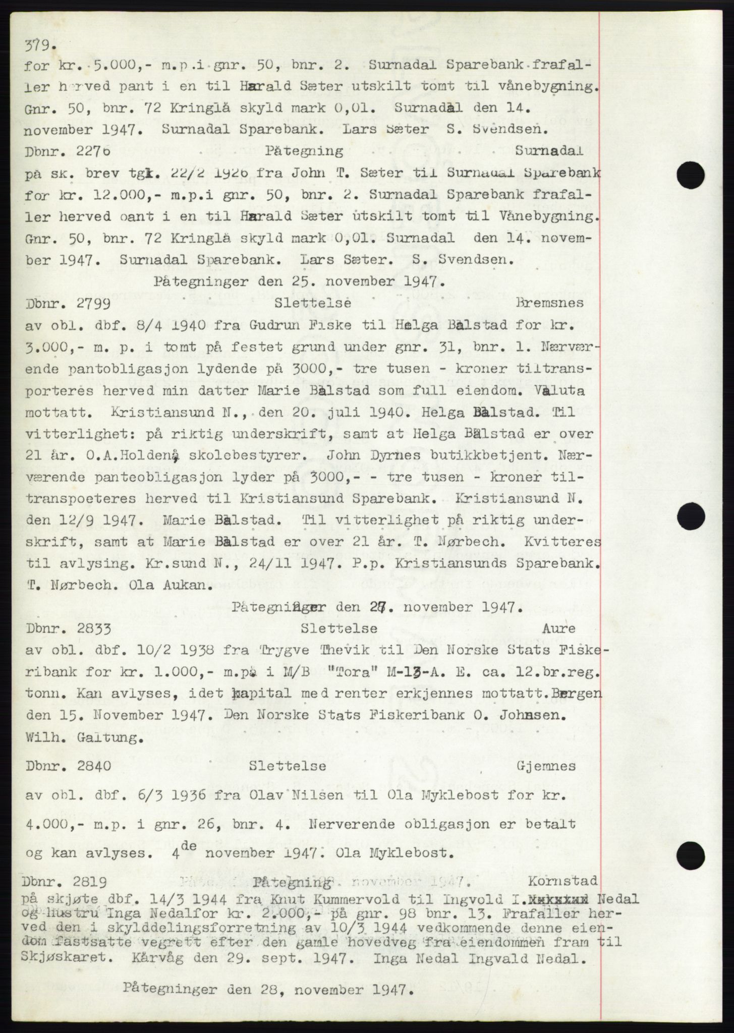 Nordmøre sorenskriveri, SAT/A-4132/1/2/2Ca: Mortgage book no. C82b, 1946-1951, Diary no: : 2799/1947