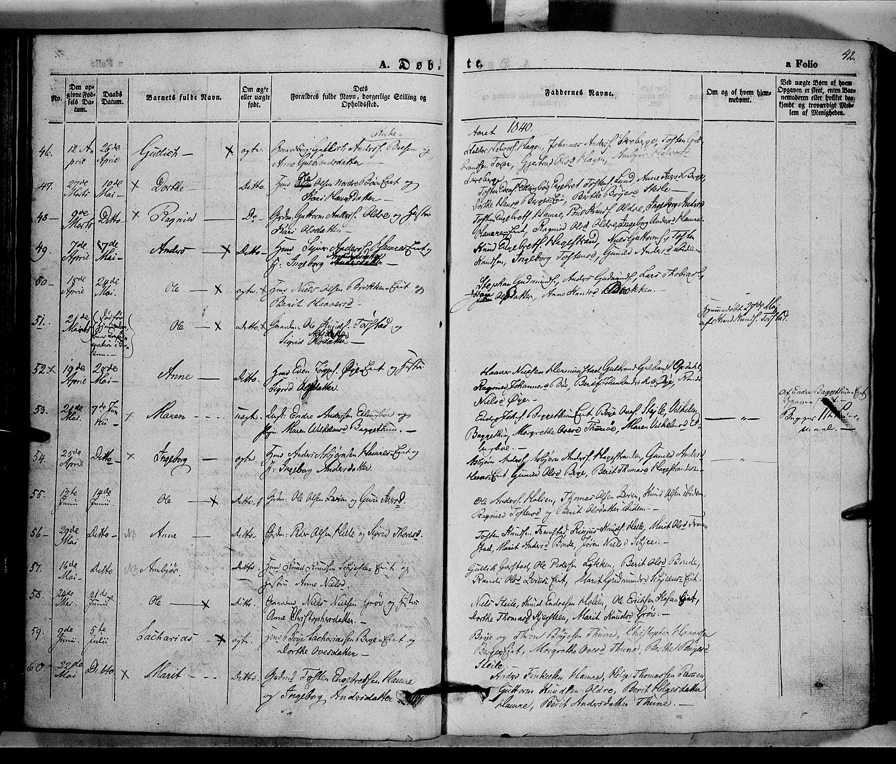 Vang prestekontor, Valdres, SAH/PREST-140/H/Ha/L0005: Parish register (official) no. 5, 1831-1845, p. 42