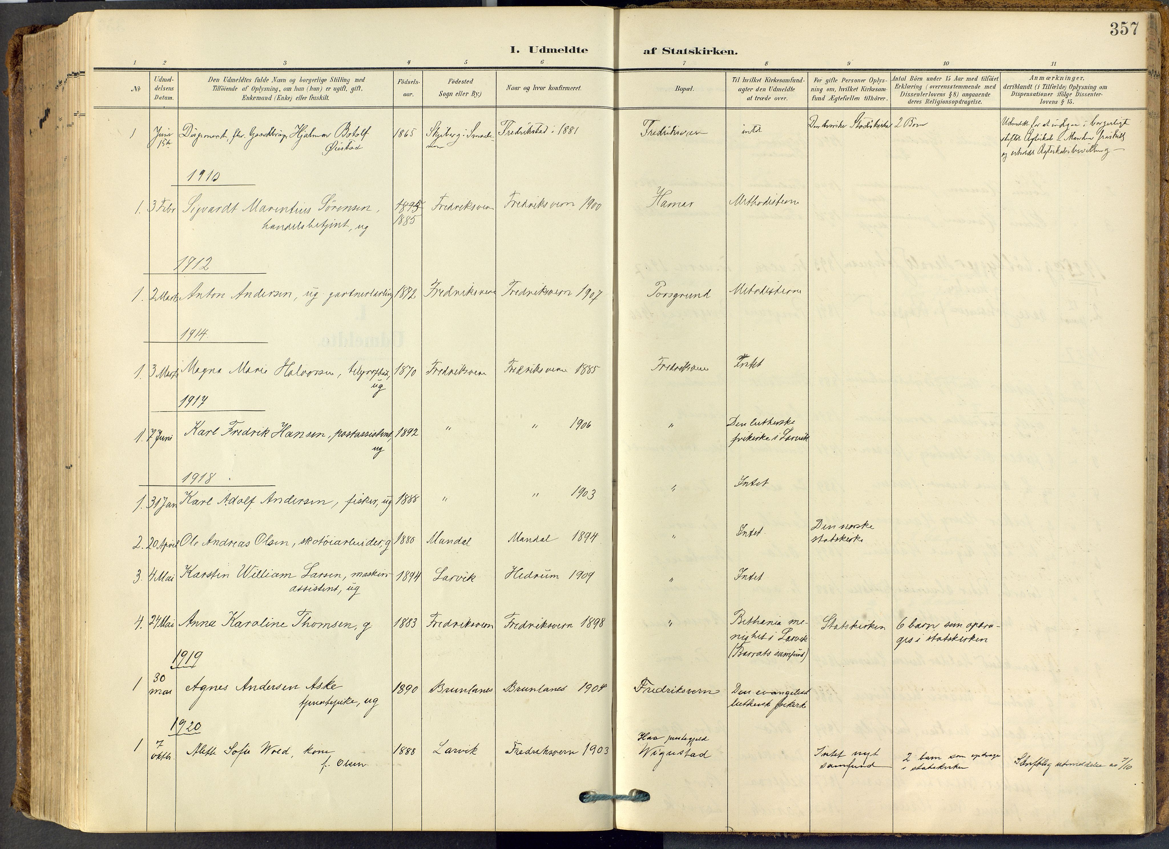 Stavern kirkebøker, AV/SAKO-A-318/F/Fa/L0009: Parish register (official) no. 9, 1906-1955, p. 357