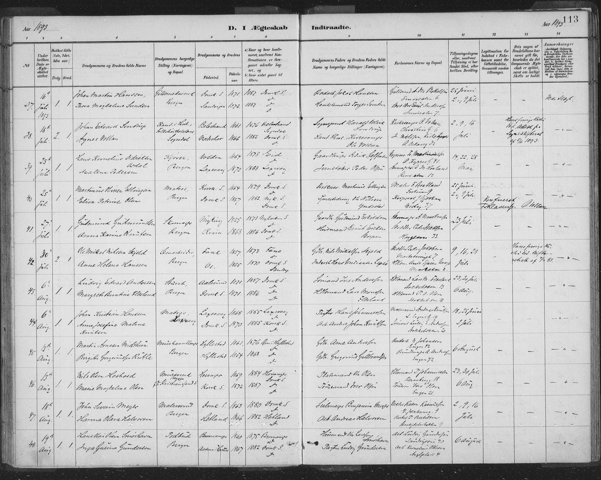 Domkirken sokneprestembete, AV/SAB-A-74801/H/Hab/L0032: Parish register (copy) no. D 4, 1880-1907, p. 113